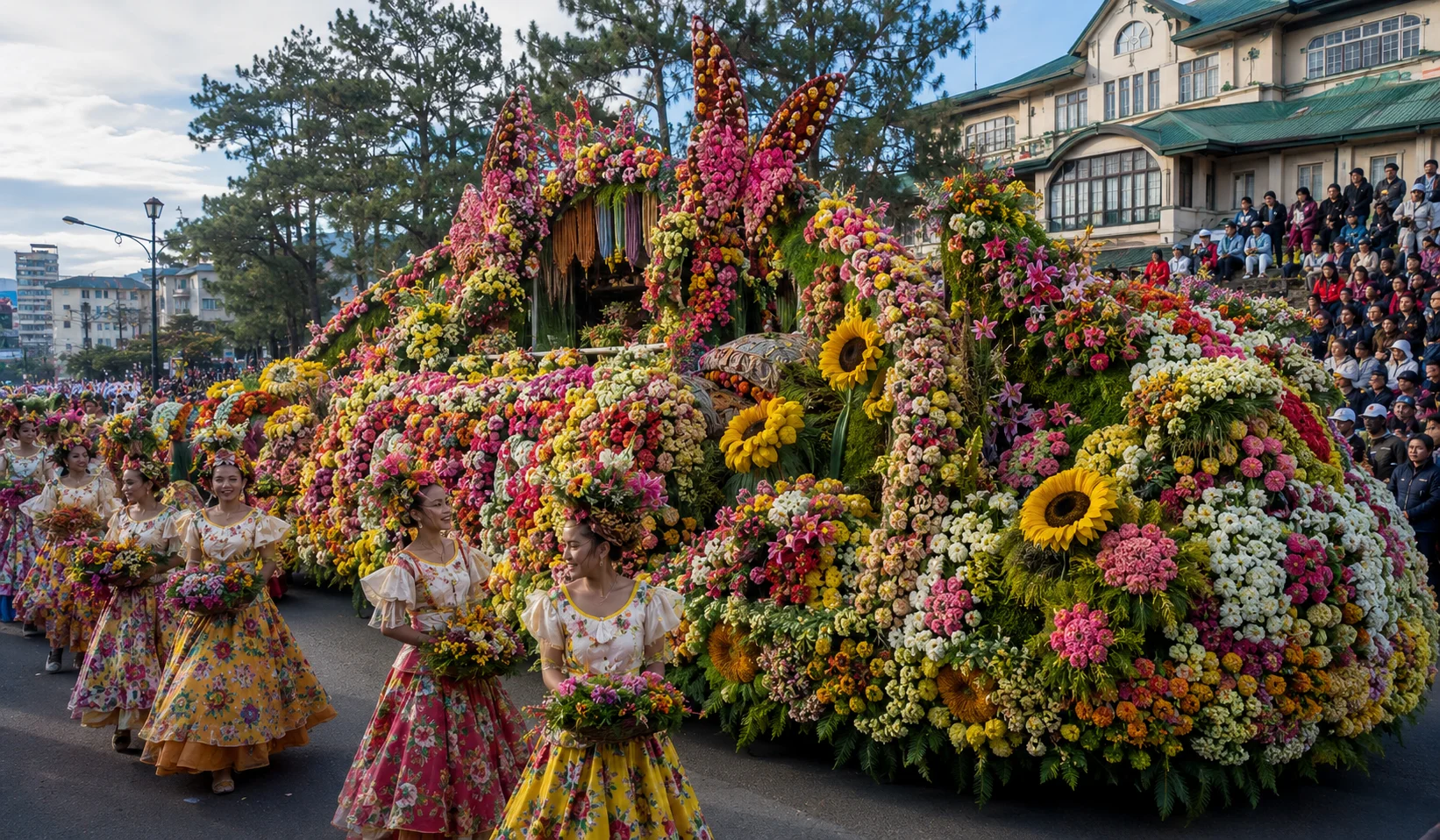 Panagbenga Flower Festival Baguio City — massive parade float built entirely from fresh flowers moving through Session Road, with dancers in flower-adorned costumes alongside