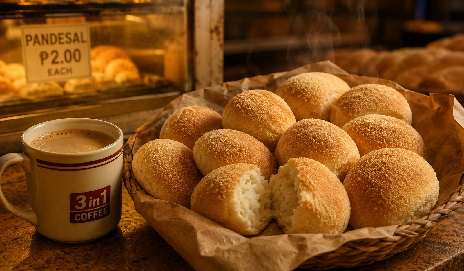 Pandesal Filipino breakfast bread — fresh soft oval rolls dusted with breadcrumbs in a basket, one broken open showing soft white interior, beside a cup of 3-in-1 instant coffee, from a neighborhood panaderia at dawn