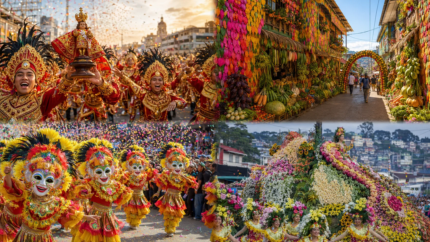 Philippine festivals collage — Sinulog street dancers in Cebu, Pahiyas house decorations in Lucban, MassKara smiling masks in Bacolod, and Panagbenga flower floats in Baguio