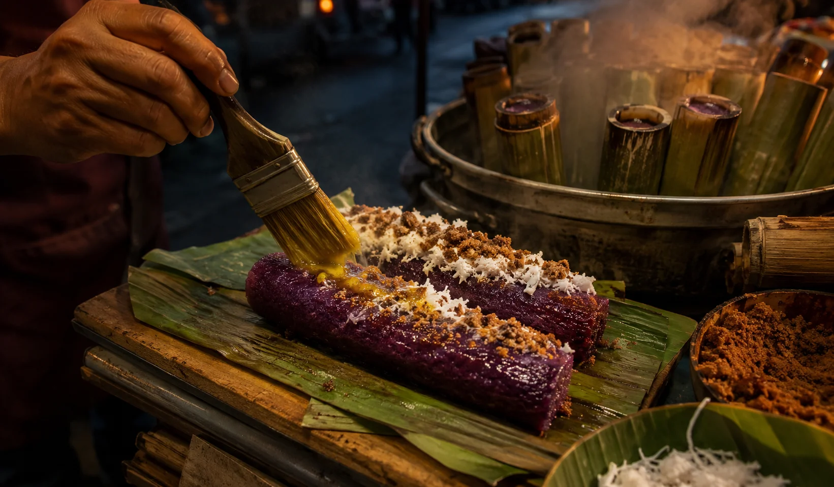 Puto bumbong Filipino Christmas rice cake — purple sticky rice just tapped out of bamboo tubes onto banana leaf, with melted butter being brushed on and muscovado sugar and coconut sprinkled on top