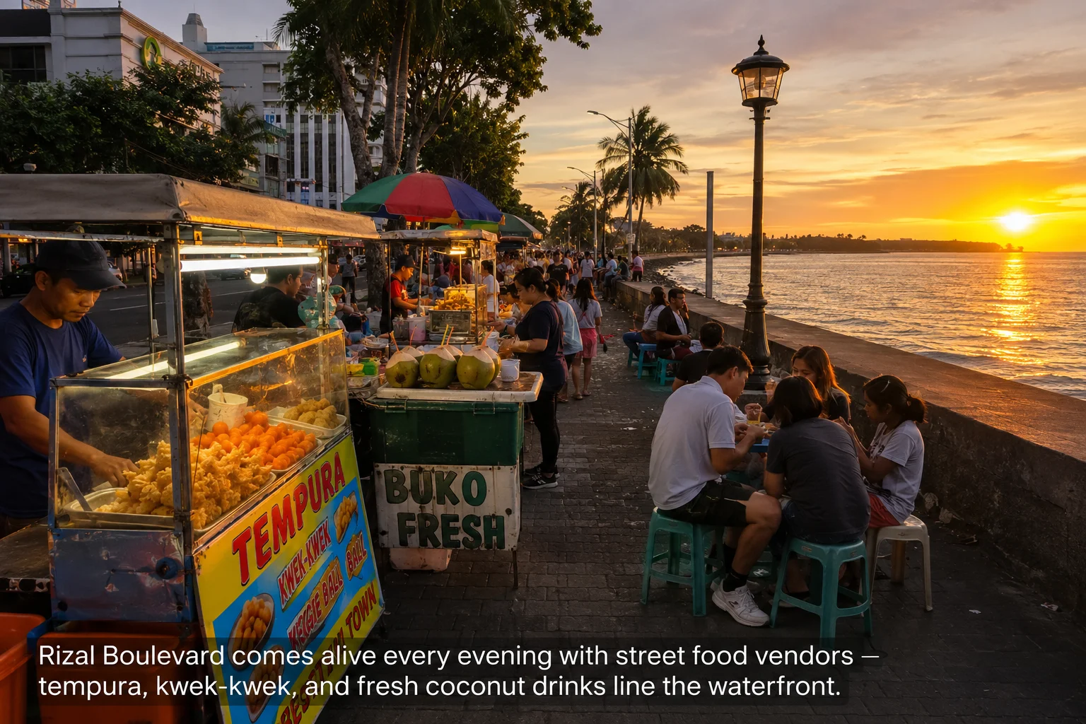 Street food vendors along Rizal Boulevard Dumaguete at sunset — tempura skewers, kwek-kwek and local snacks sold along the waterfront promenade every evening