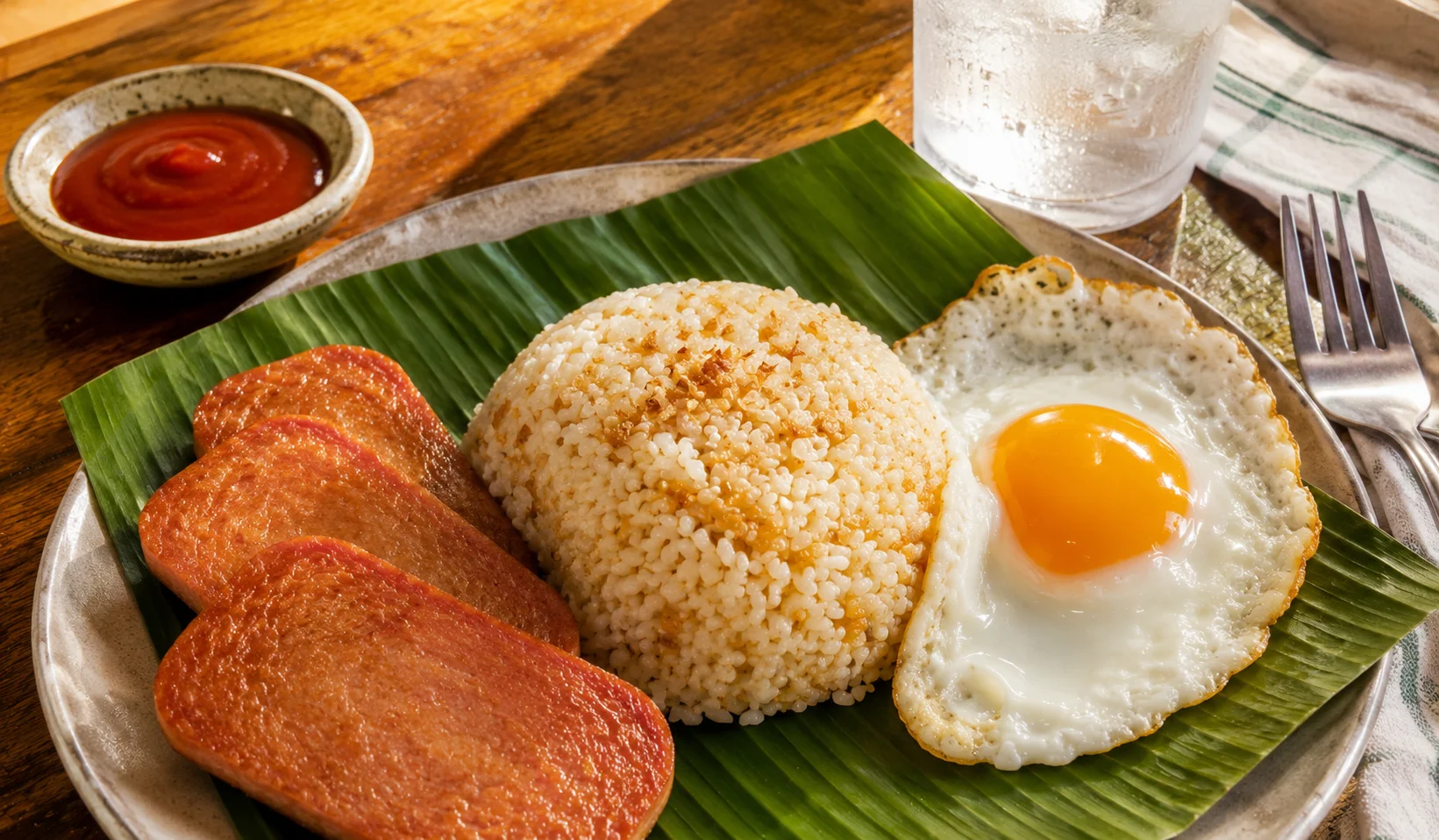 Filipino silog breakfast — spamsilog with pan-fried Spam, sinangag garlic fried rice, and fried egg on a banana leaf plate, the most popular Filipino breakfast influenced by American canned goods