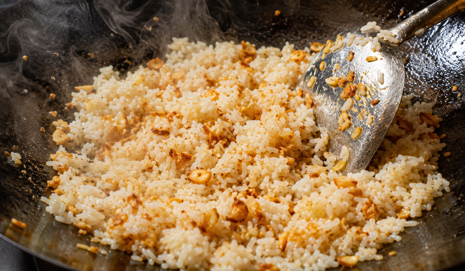 Sinangag Filipino garlic fried rice being cooked in a wok — golden garlic browning in oil with leftover rice being stir-fried over high heat, wisps of fragrant steam rising, the foundation of every Filipino silog breakfast