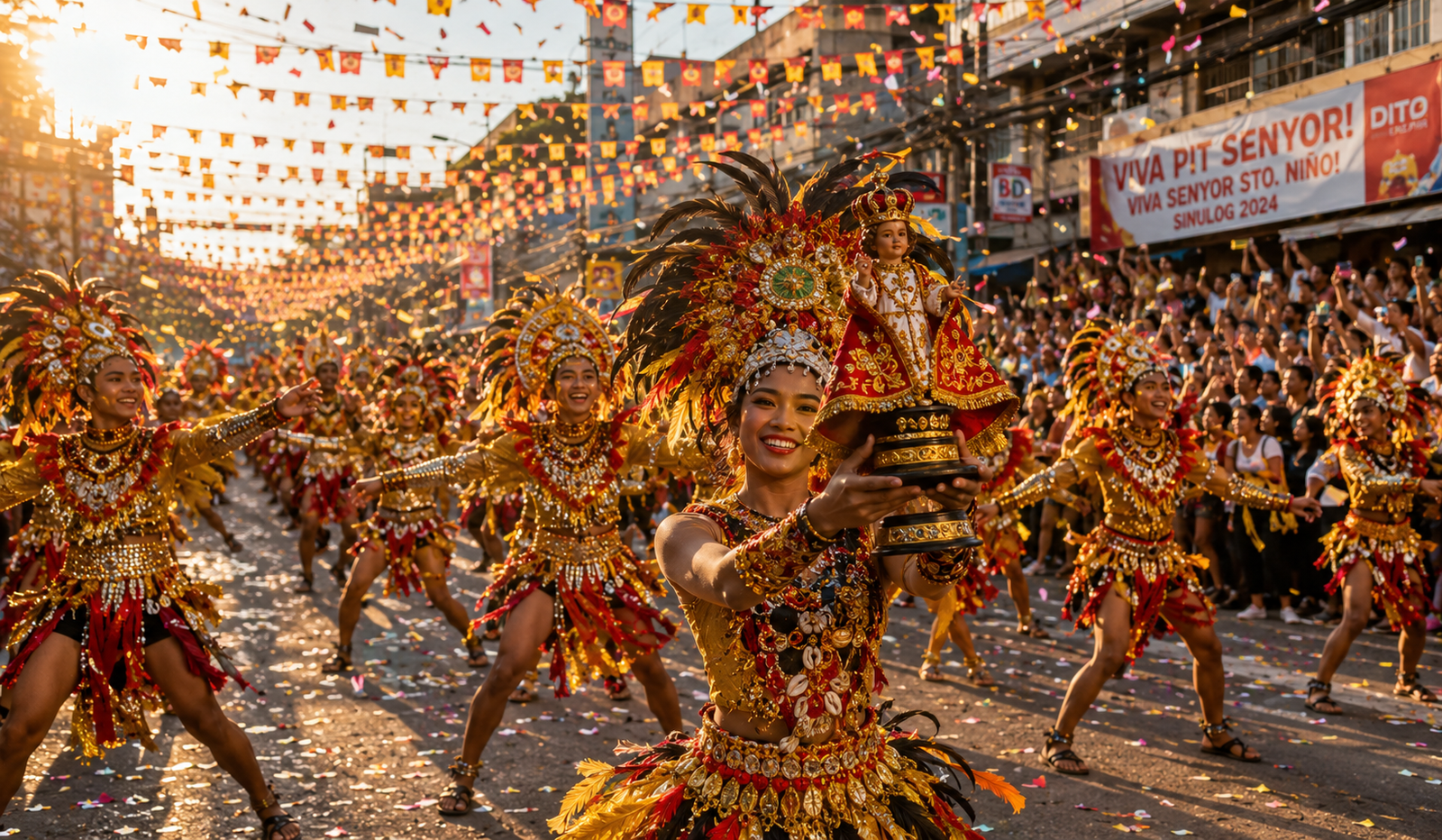Sinulog Festival Cebu Philippines — thousands of street dancers in elaborate tribal costumes celebrating the Santo Niño, the most famous Filipino cultural festival