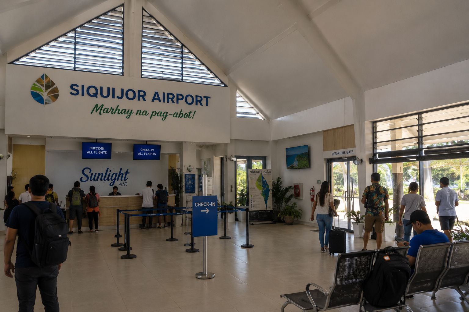 Siquijor Airport terminal building — the small but modern domestic airport that opened for commercial flights in December 2025, serving Sunlight Air flights from Cebu