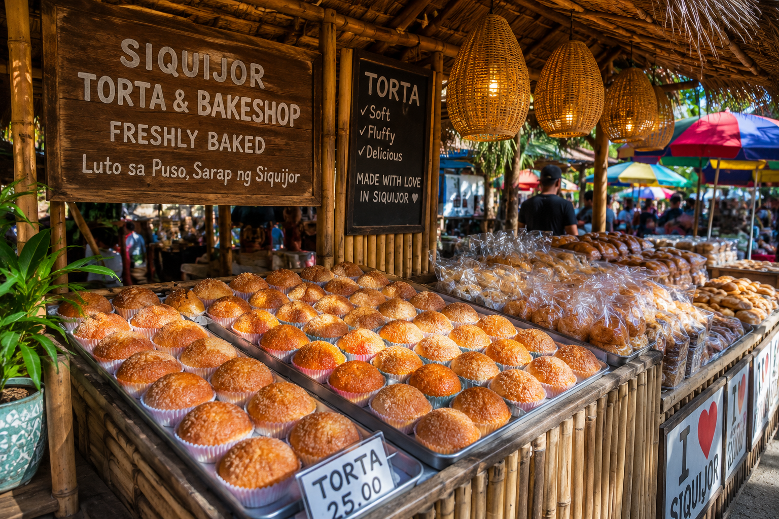 Local roadside bakery stall in Siquijor Philippines displaying freshly baked torta and Pan Bisaya for sale at the market
