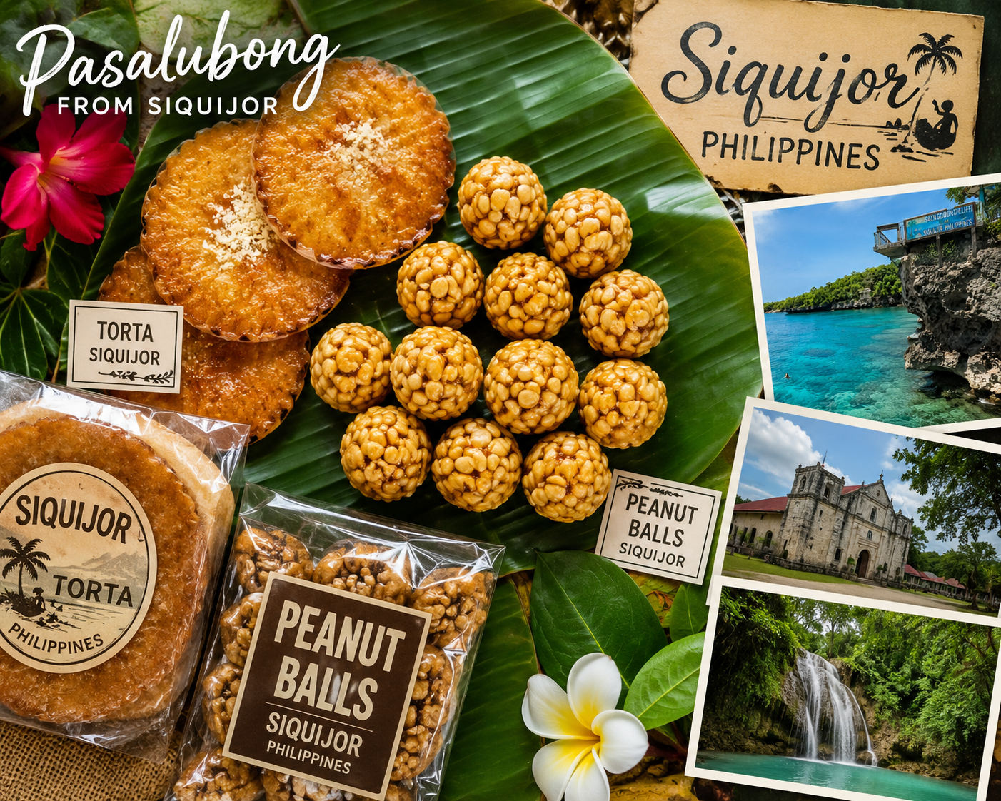 Siquijor pasalubong flat lay — torta siquijor, peanut balls, chupa-chupa, and banana crackers arranged on a banana leaf, the best local gifts from Siquijor island