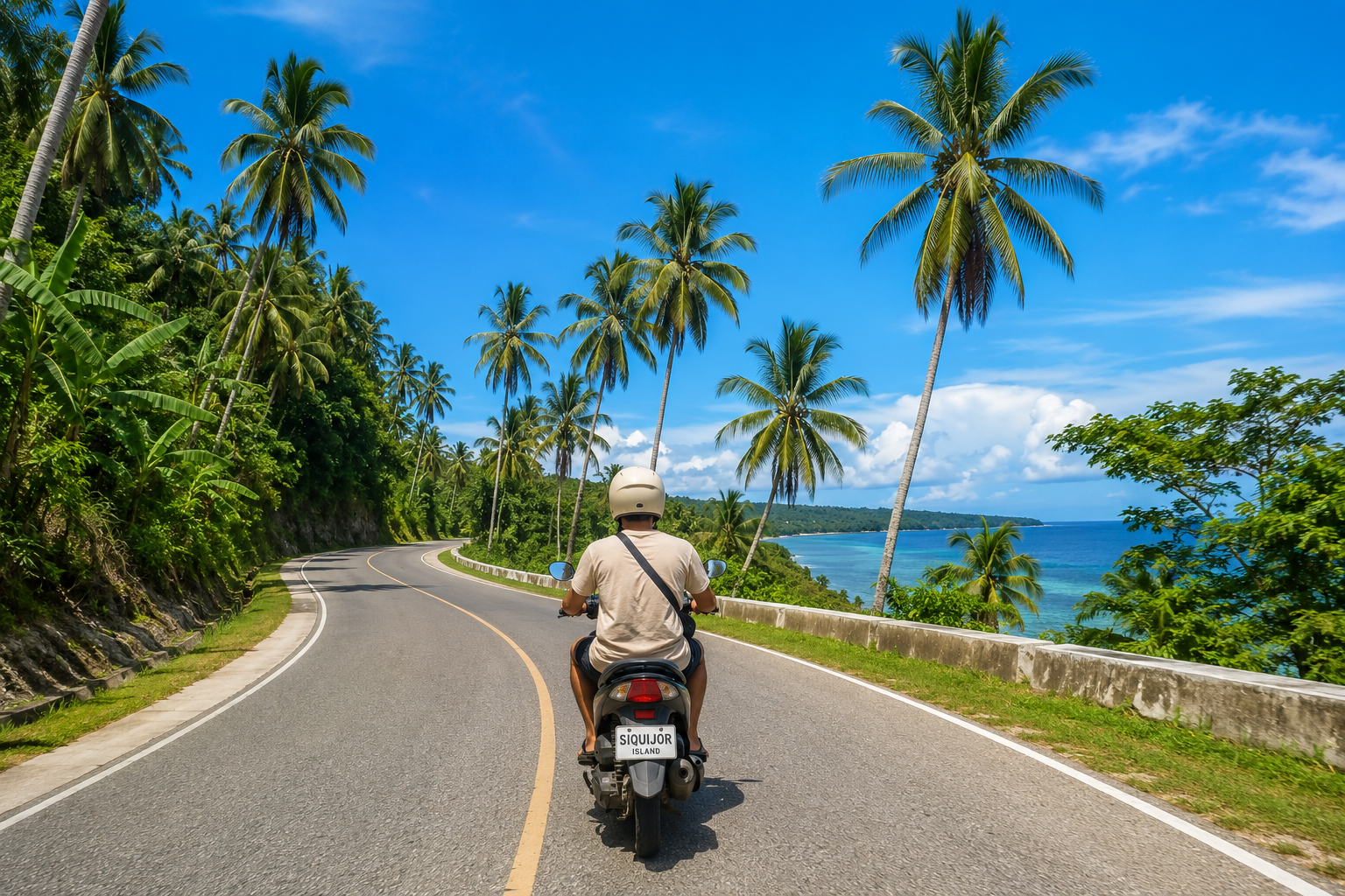 Traveler riding a scooter on Siquijor's ring road lined with coconut trees and blue sky — the best way to explore Siquijor island Philippines