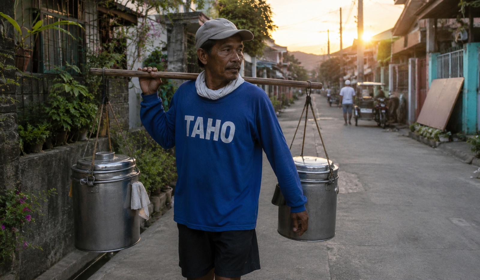 Taho Filipino morning street food — cups of silken tofu with dark arnibal syrup and clear sago pearls, sold by a magtataho vendor carrying aluminum containers on a bamboo pole through a Philippine residential neighborhood at dawn