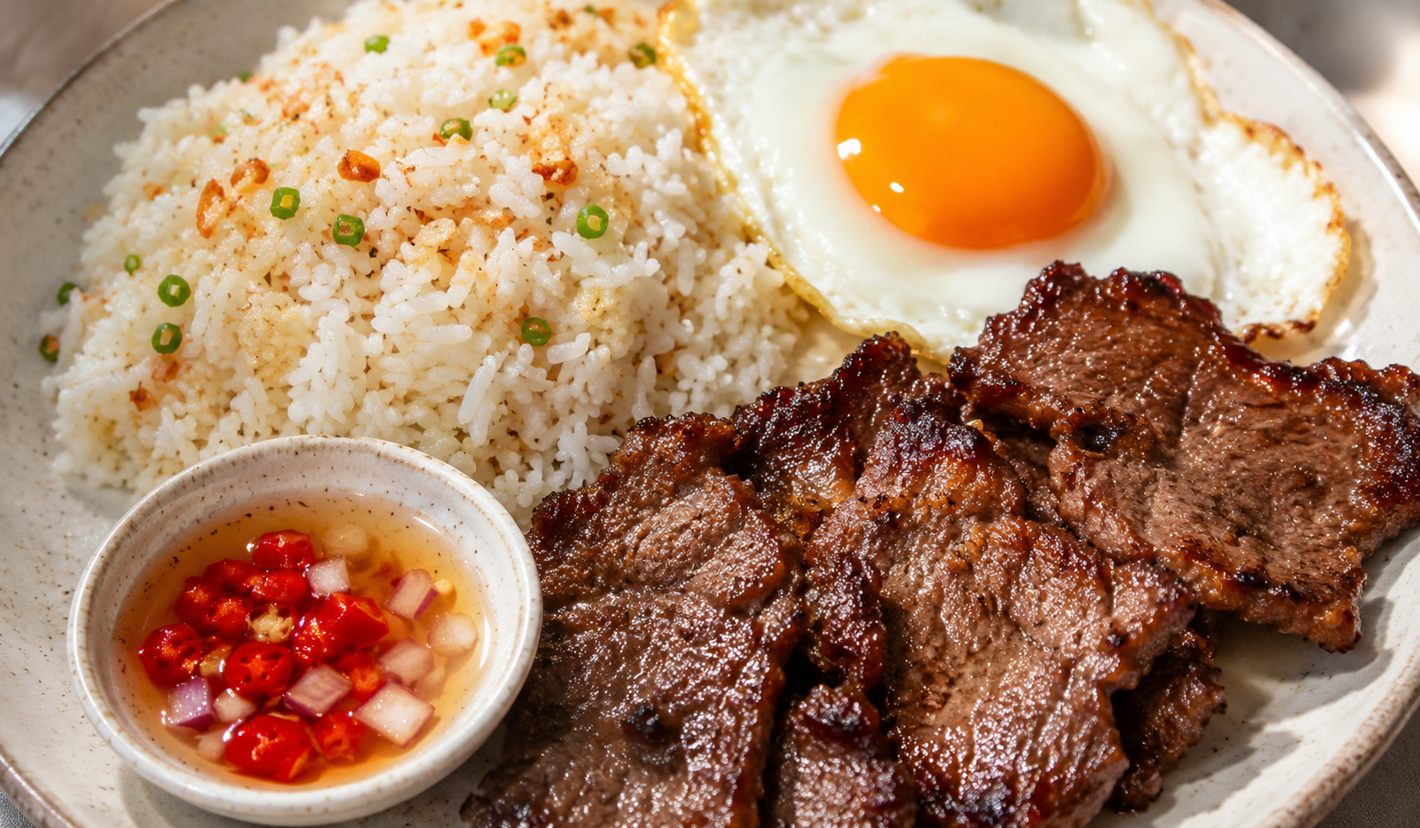 Tapsilog Filipino breakfast — garlic fried rice, sunny-side-up egg with bright orange yolk, and caramelized tapa beef slices on a round plate with a small bowl of spiced vinegar dipping sauce