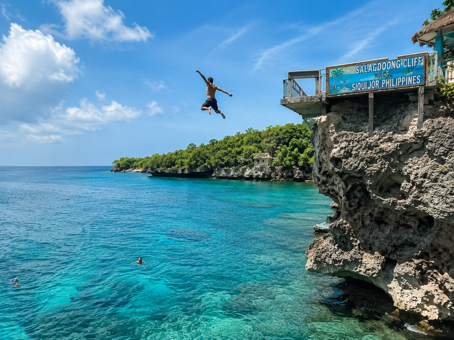 Cliff diving at Salagdoong Beach Siquijor Philippines — jumping from the wooden platform into the clear turquoise water below