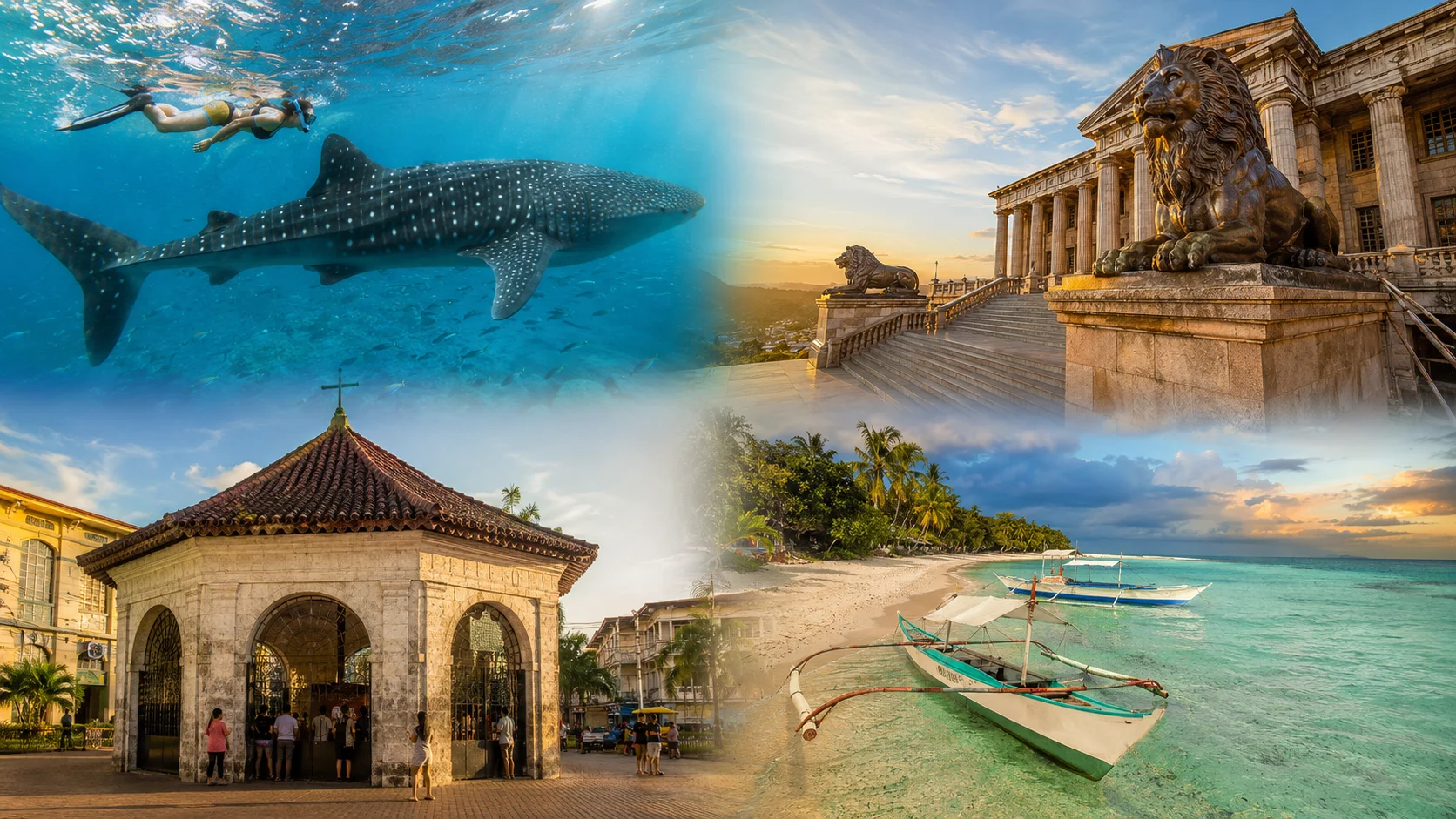 Things to do in Cebu Philippines — whale shark watching in Oslob, Kawasan Falls, Temple of Leah, and Magellan's Cross collage