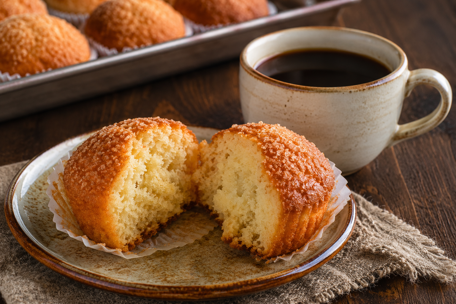 Torta Siquijor broken in half showing soft moist crumb inside, served with a cup of hot barako coffee — the classic Filipino merienda pairing