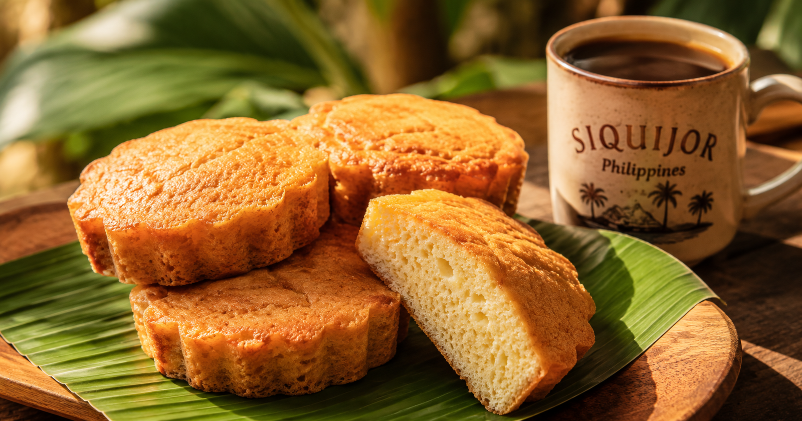 Freshly baked Torta Siquijor on a wooden board with barako coffee — the most popular delicacy from Siquijor island, Philippines