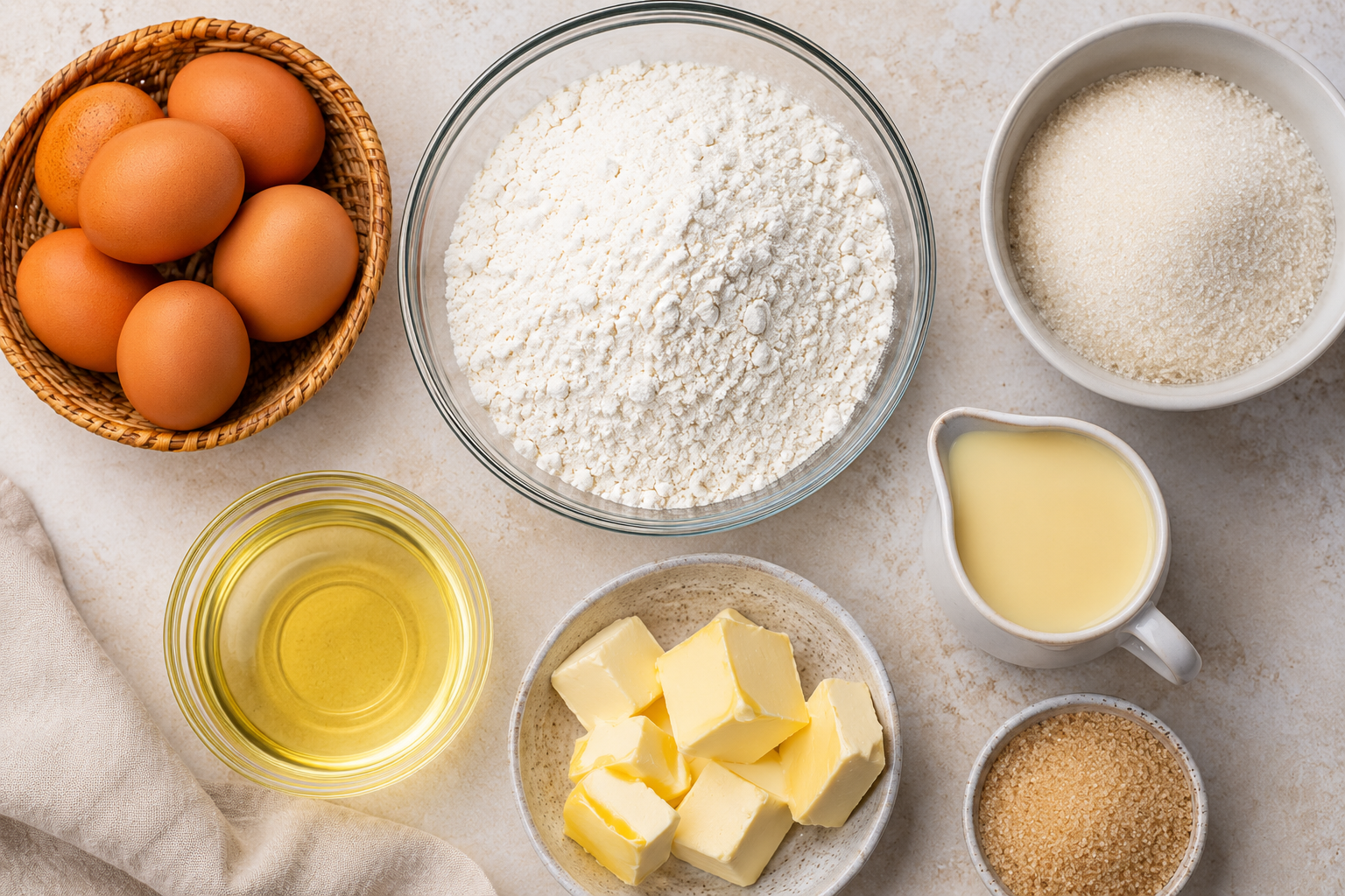Flat lay of Torta Siquijor ingredients — eggs, flour, sugar, condensed milk, evaporated milk, butter and oil on a wooden surface