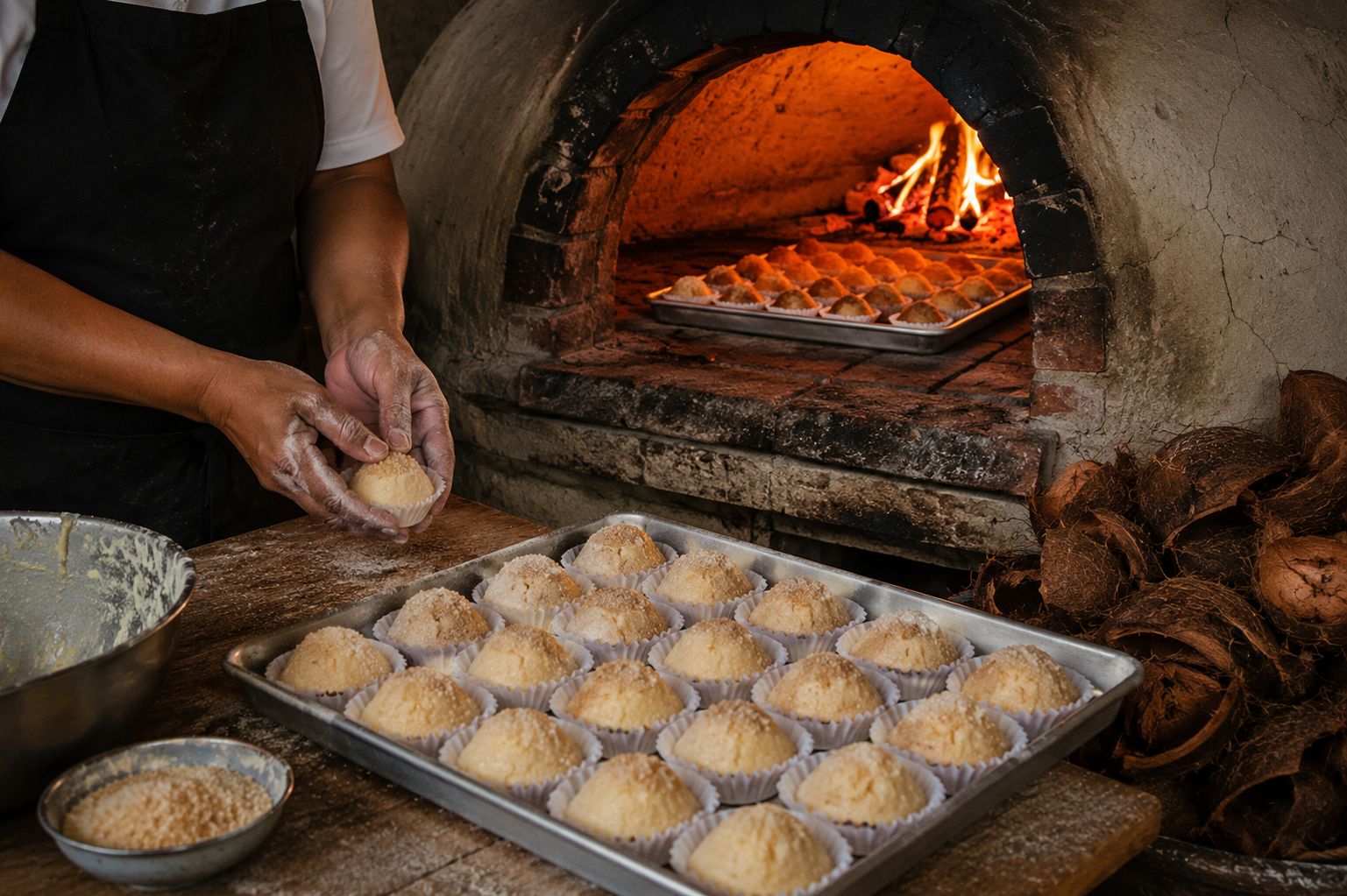 Traditional pugon native clay oven in Siquijor used for baking torta with dried coconut husks — a centuries-old baking tradition