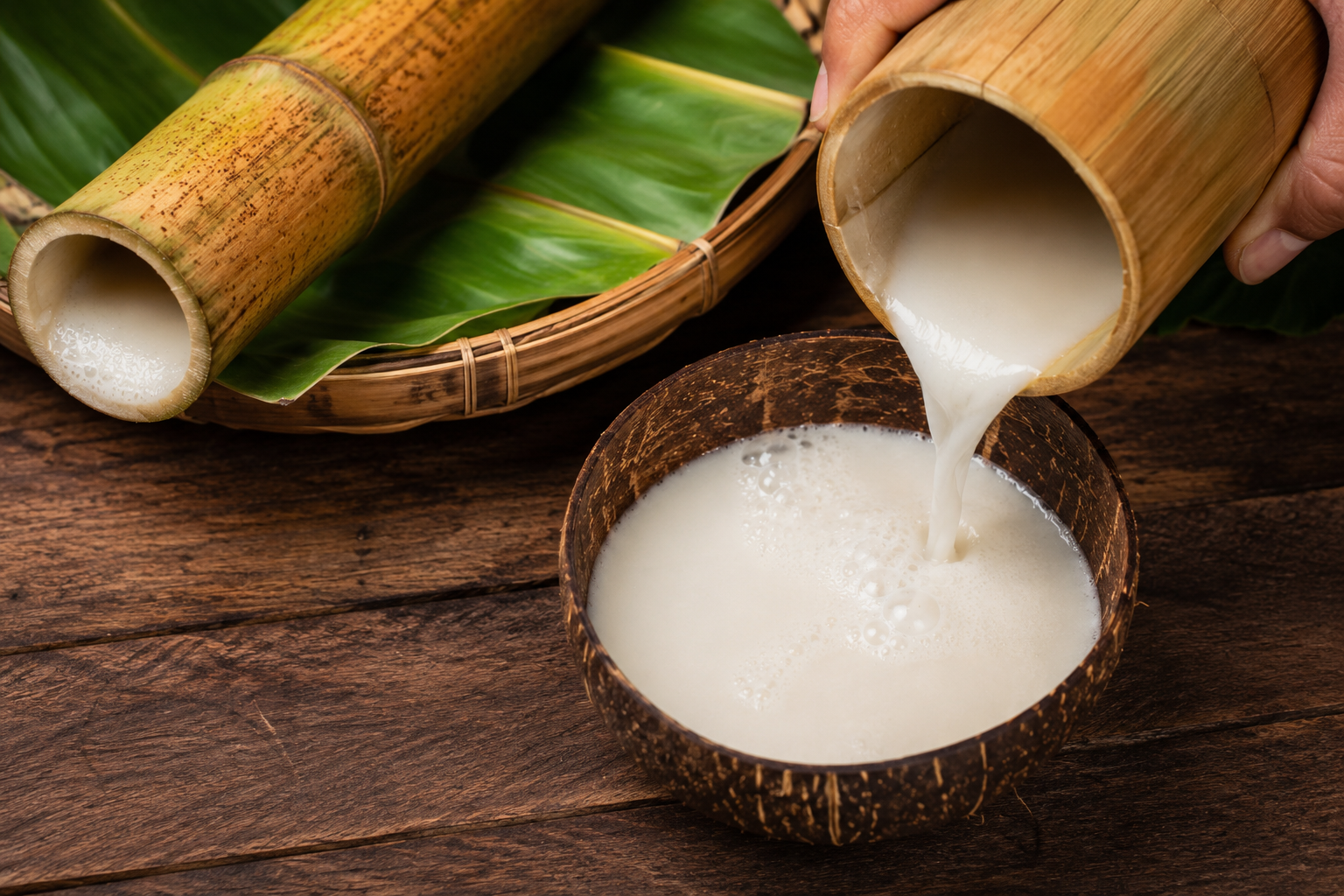 Fresh tuba coconut wine in a bamboo container in Siquijor Philippines — the natural leavening agent used in traditional Torta Siquijor baking