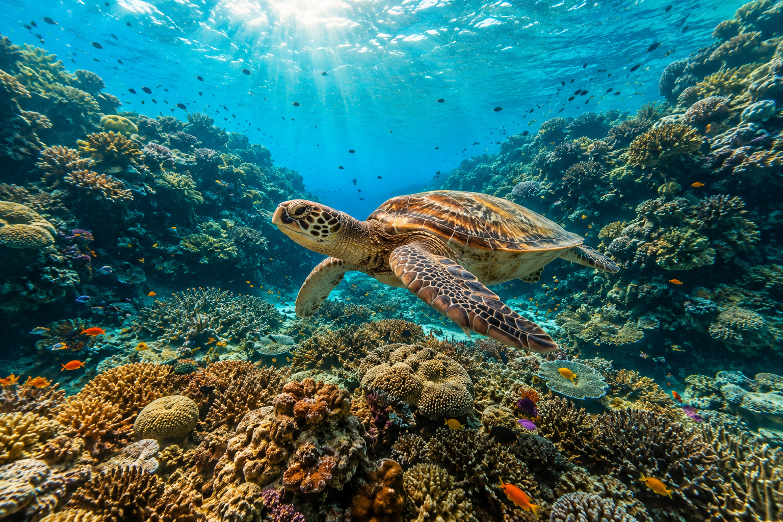 Sea turtle gliding over coral reef at Tubod Marine Sanctuary Siquijor Philippines — one of the best snorkelling spots in the Visayas