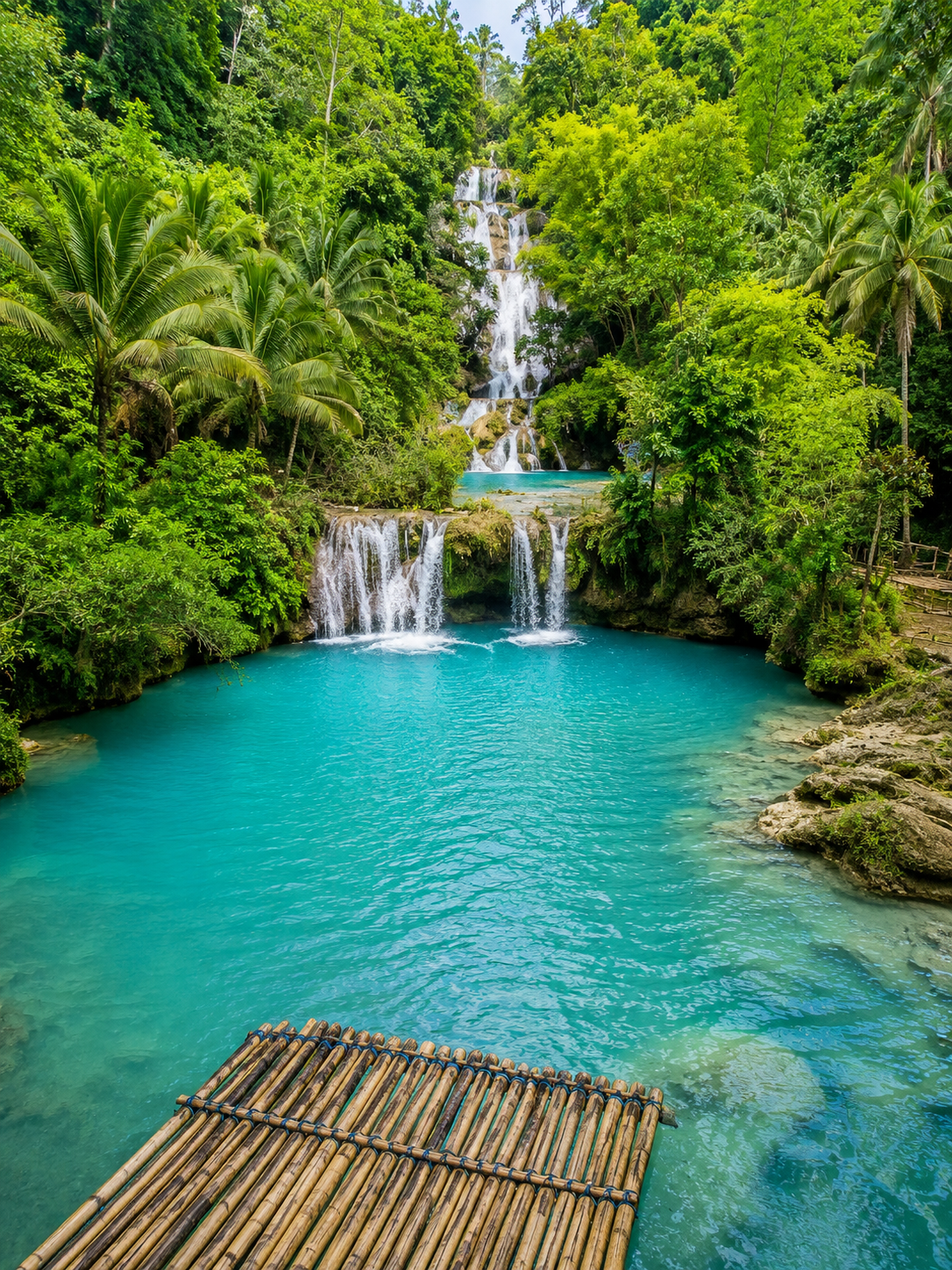 Cambugahay Falls Siquijor full view — three tiers of turquoise cascading pools with bamboo raft in the foreground surrounded by lush jungle