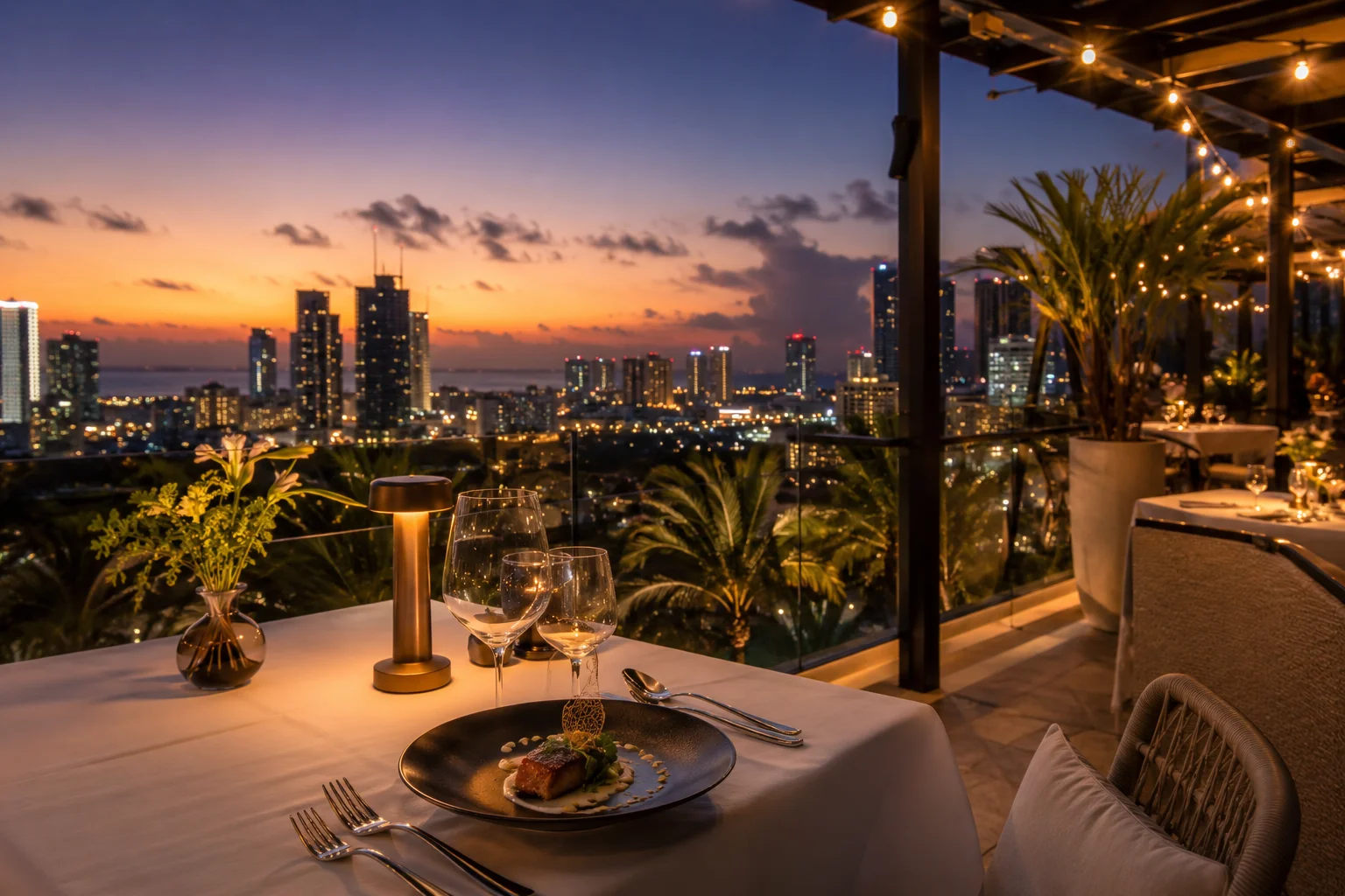 Rooftop fine dining restaurant view of Cebu City skyline