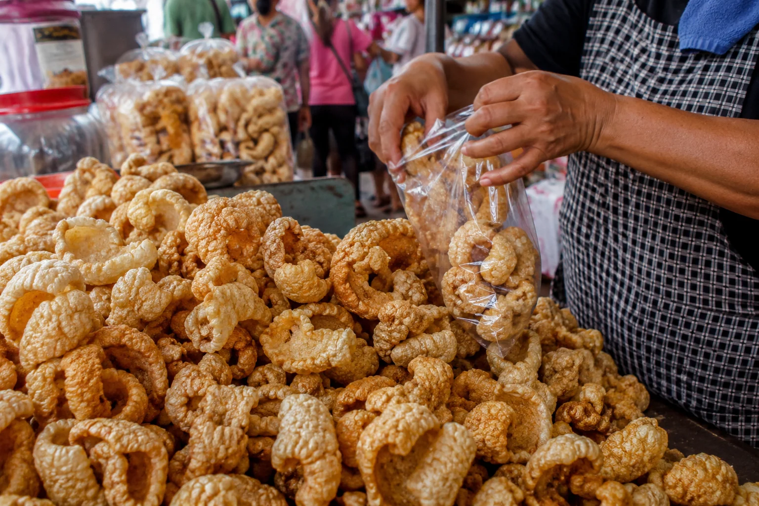 Fresh chicharon pork rinds displayed at Carcar public market