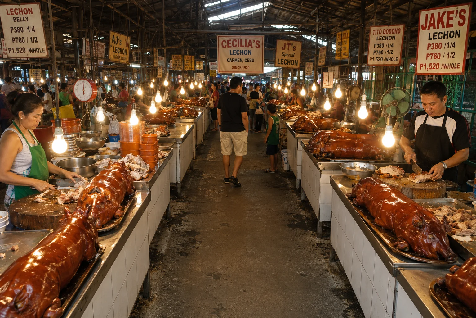 Local Cebu market stall selling lechon by the kilo