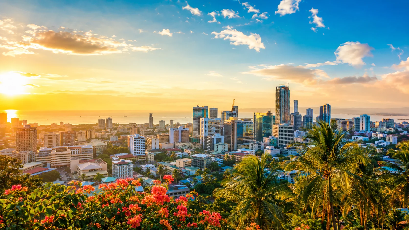Cebu City skyline under a bright tropical sky representing the city's climate