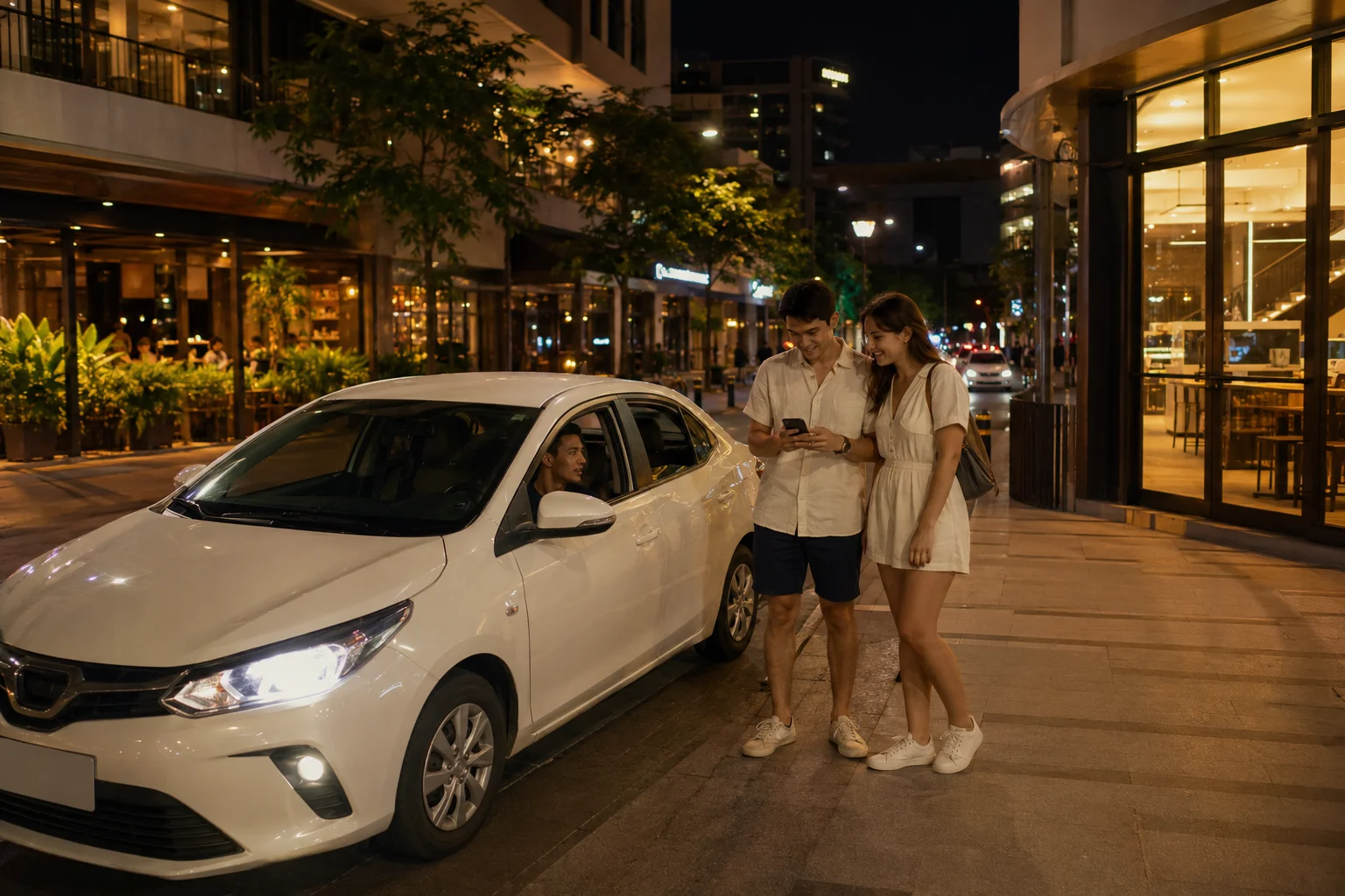 Tourist using Grab rideshare app safely at night in Cebu City