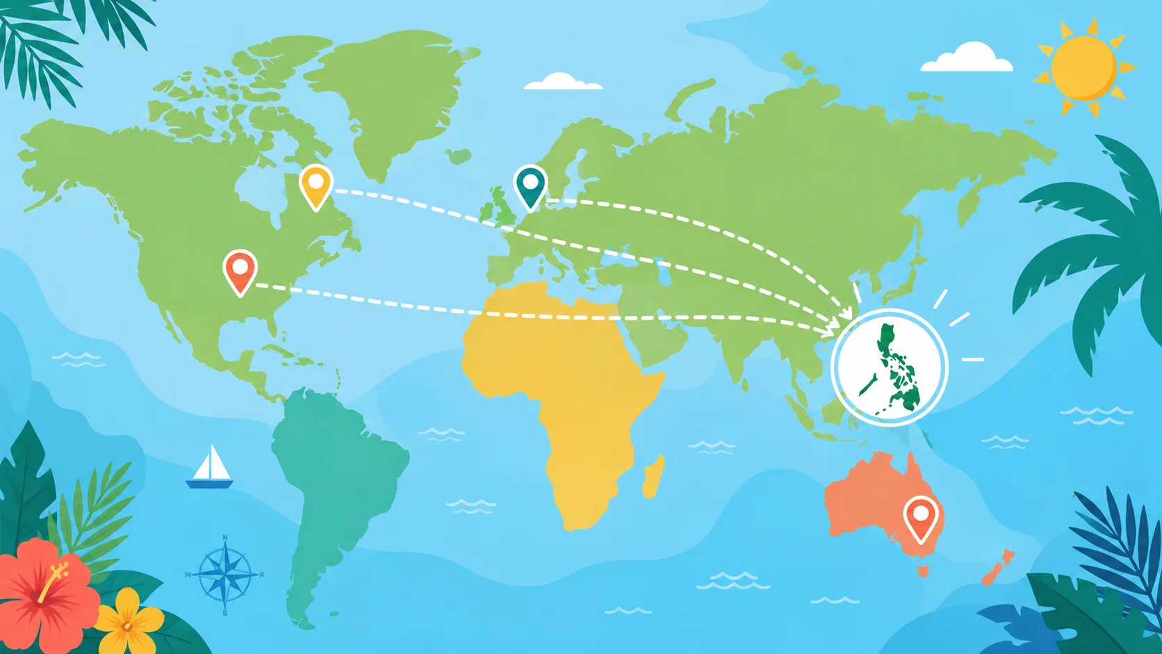 Best Time to Visit Cebu City: Complete Month-by-Month Guide (2026) 22 Map illustration connecting US, UK, Canada, and Australia to Cebu City Philippines