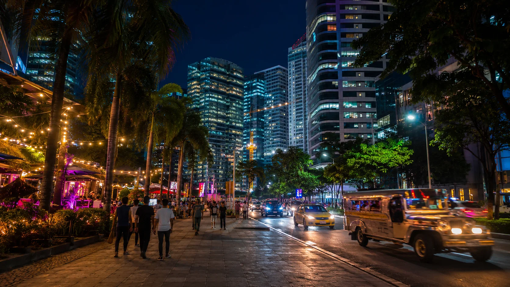 Cebu City nightlife at night, IT Park skyline with bars and street lights