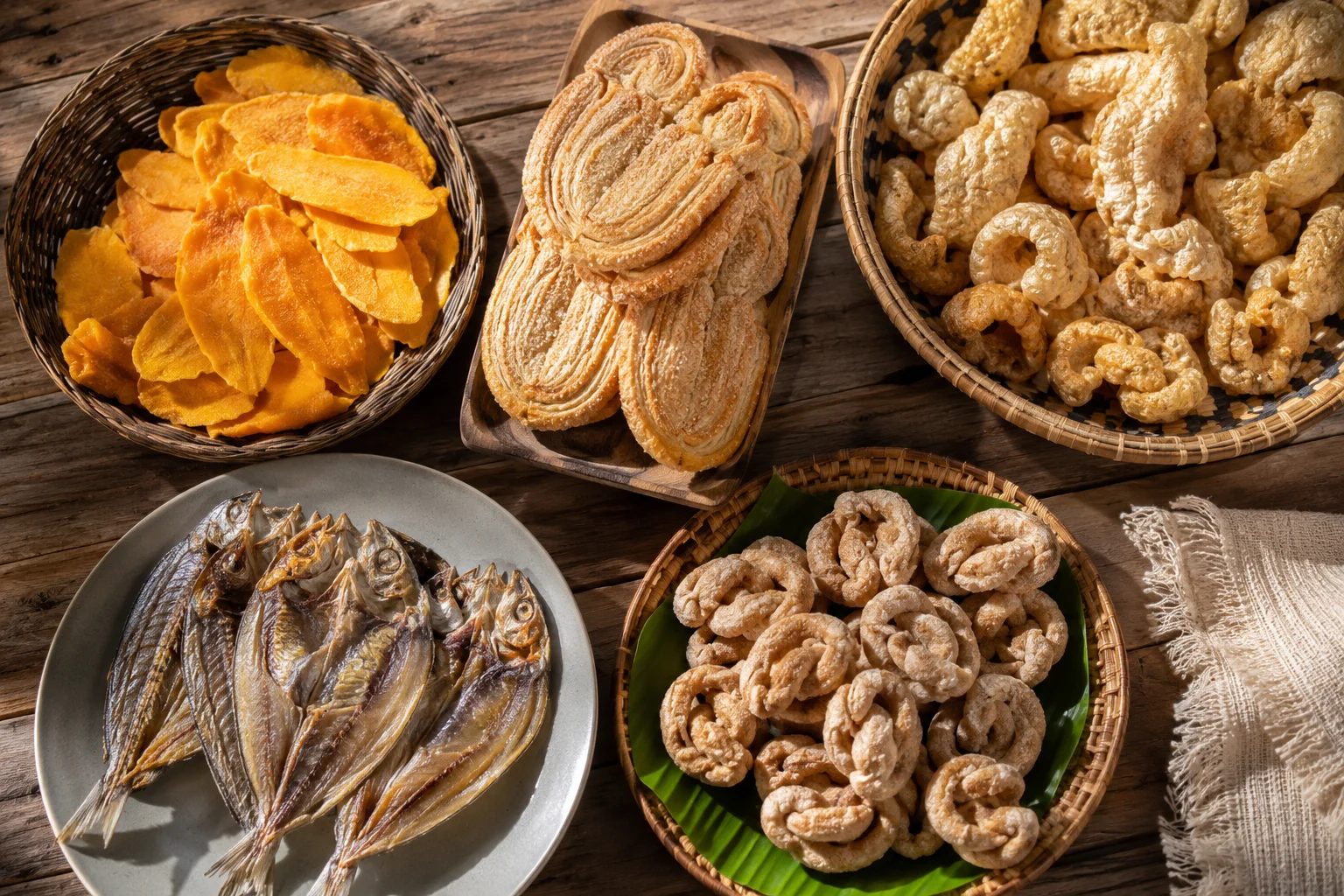 Assorted famous Cebu delicacies including dried mango, otap, rosquillos, and chicharon