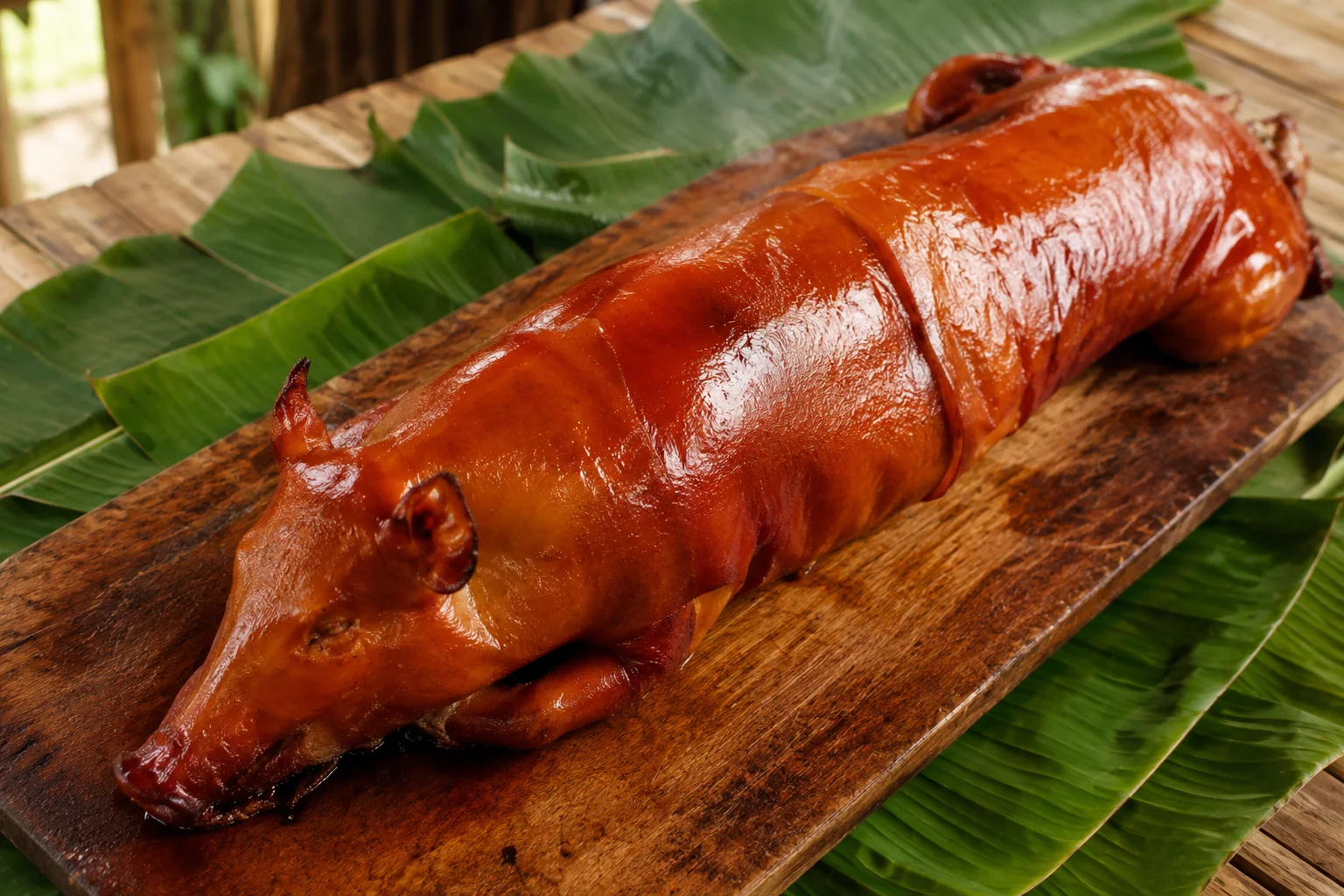 Whole roasted lechon Cebu-style with crispy golden-brown skin on wooden board
