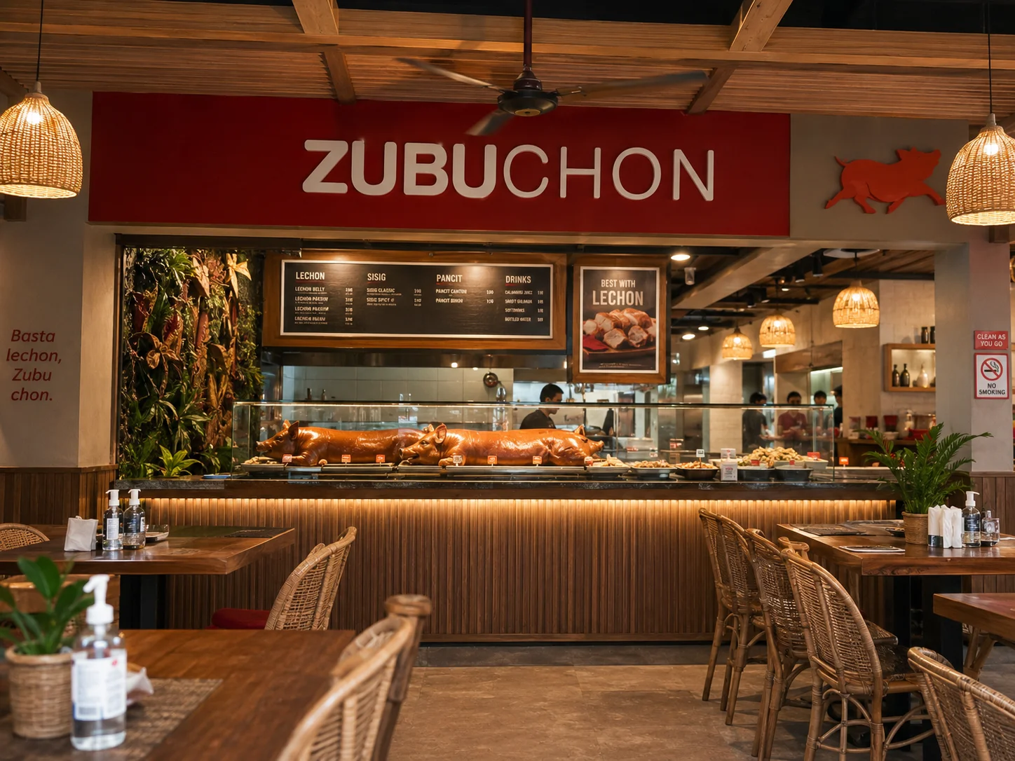 Modern Cebu lechon restaurant interior with lechon on display counter