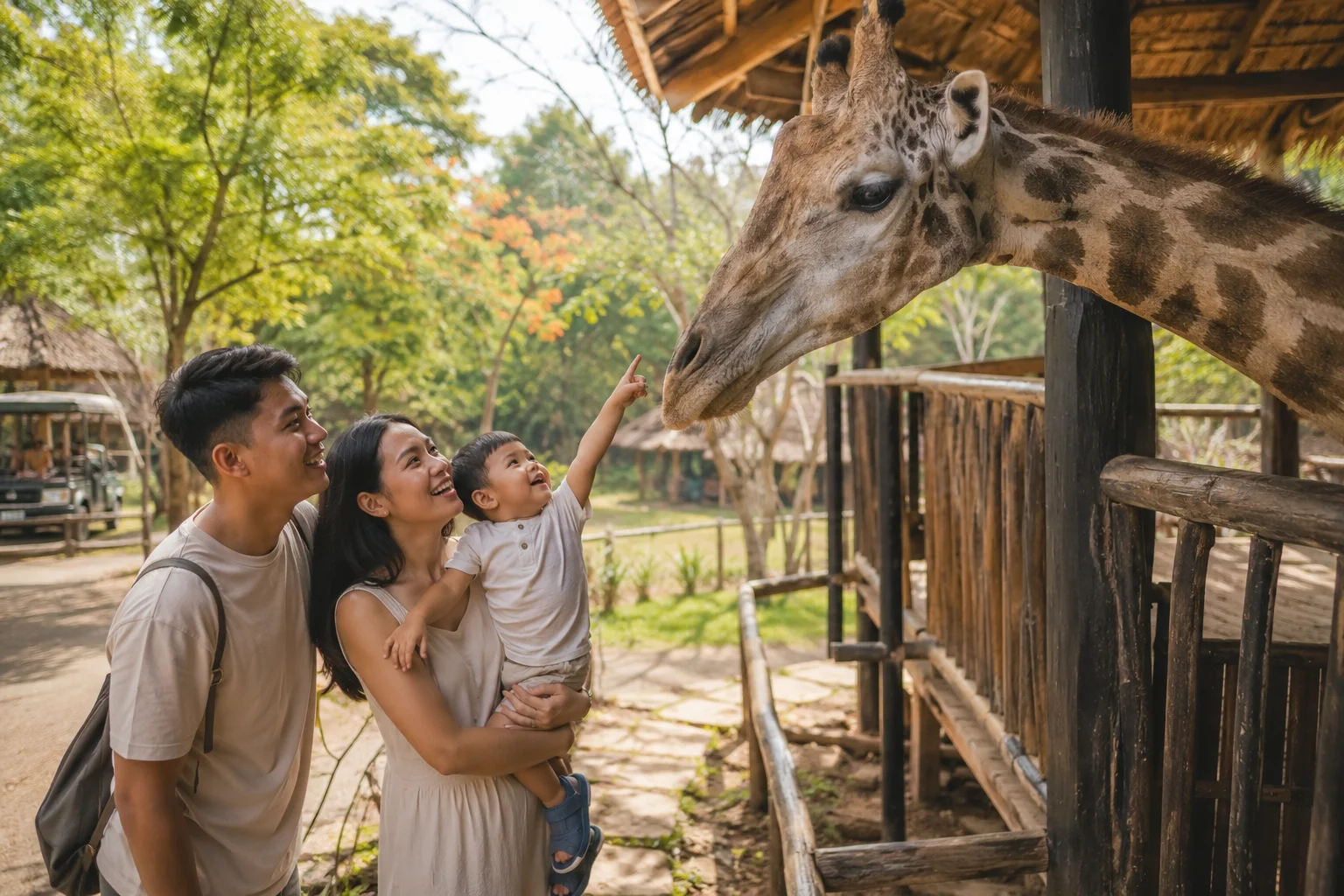 Filipino family with young child looking up in amazement at a tall giraffe at Cebu Safari and Adventure Park Philippines