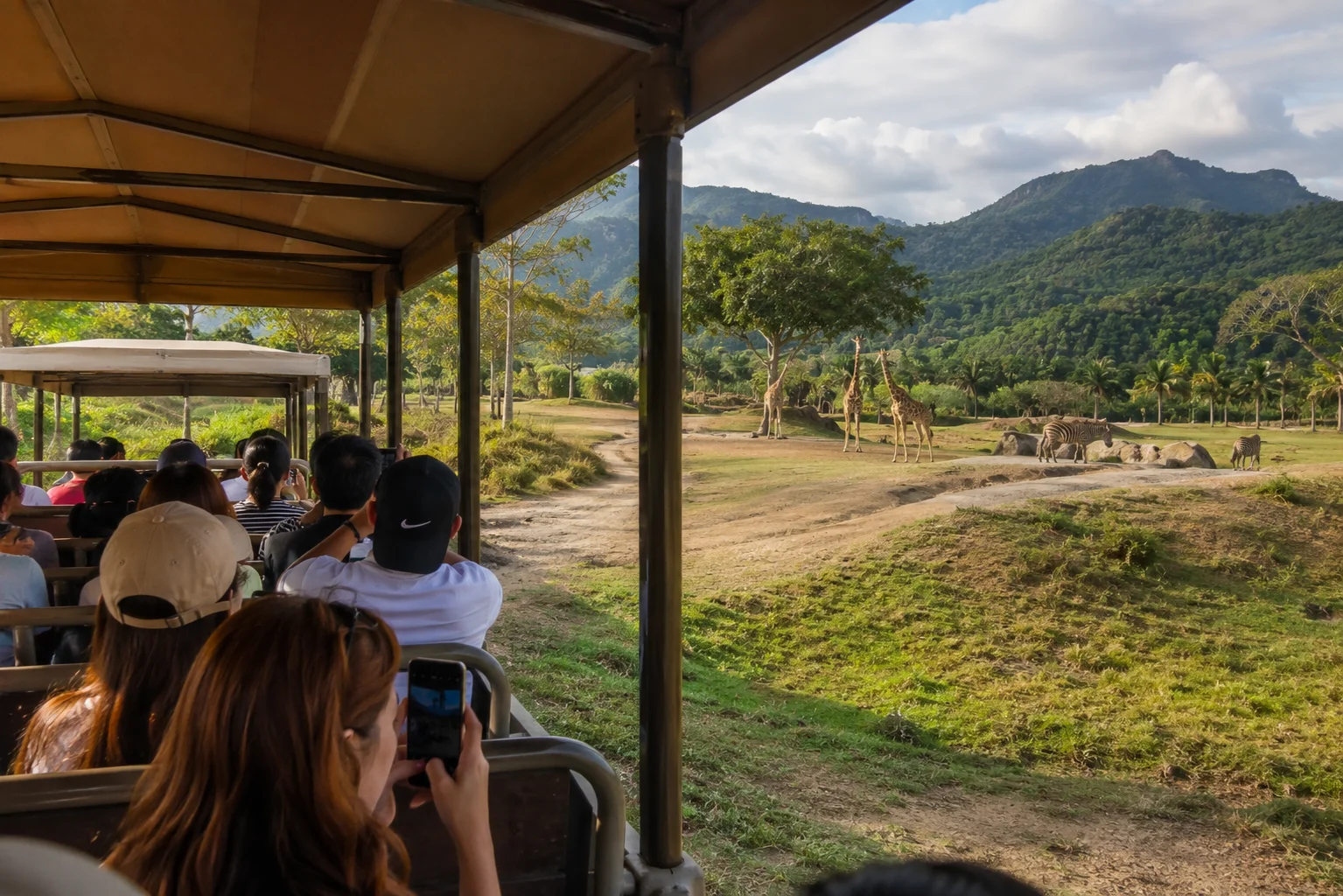 Safari tram filled with tourists riding through the African Savannah at Cebu Safari and Adventure Park with giraffes and zebras visible in the distance