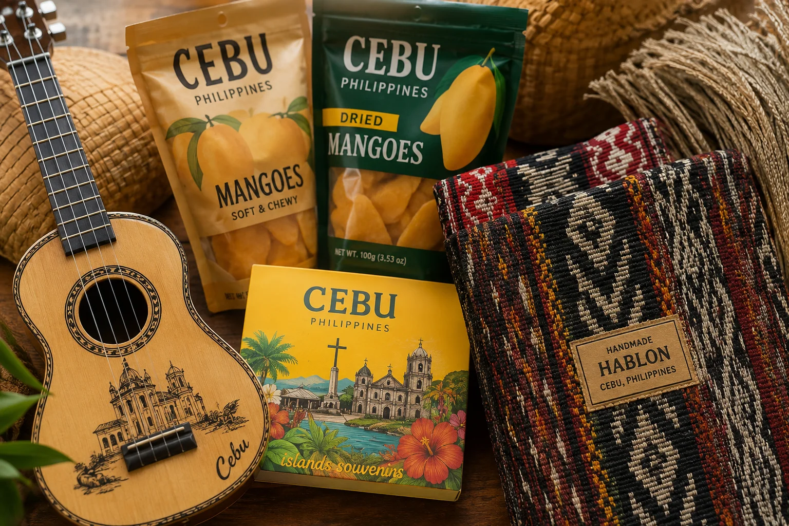 Cebu souvenirs: dried mango, handmade guitar, and hablon textile