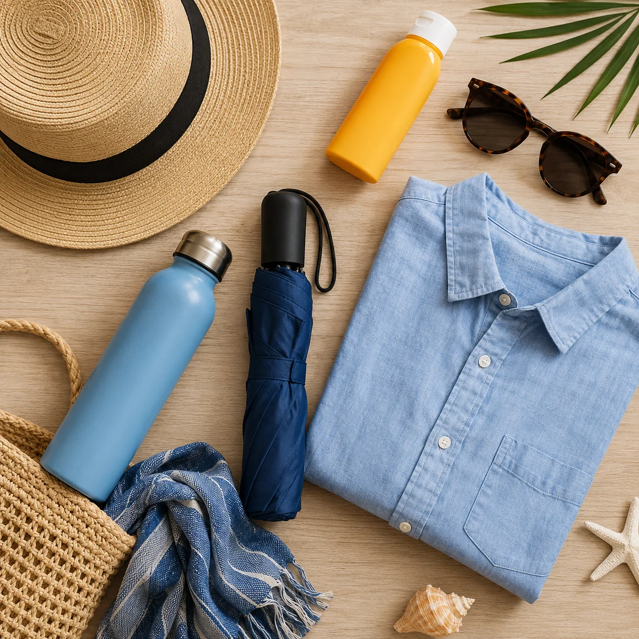 Flat lay of travel essentials for a tropical Cebu City trip