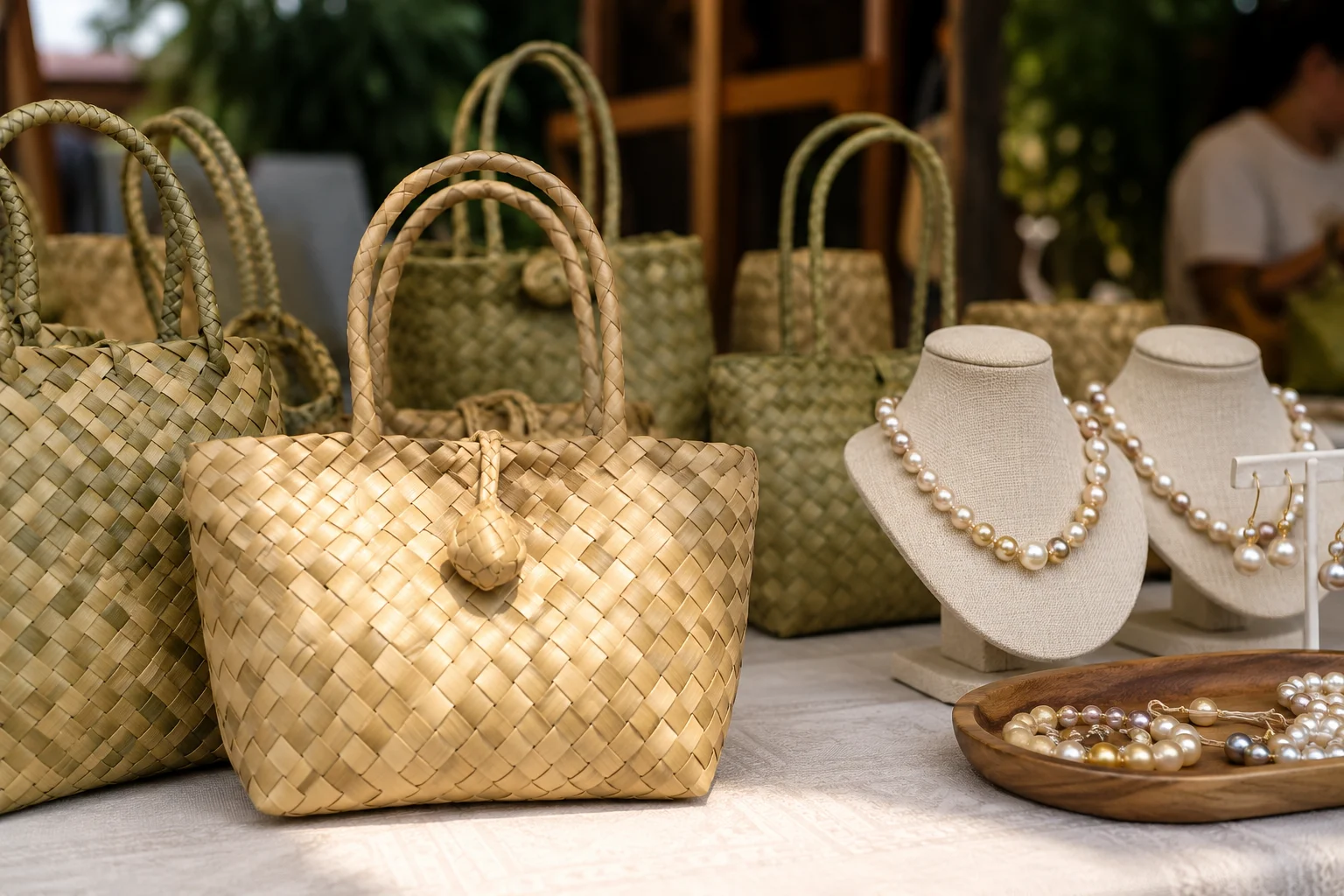 Handwoven pandan bags and pearl jewelry souvenirs from Cebu