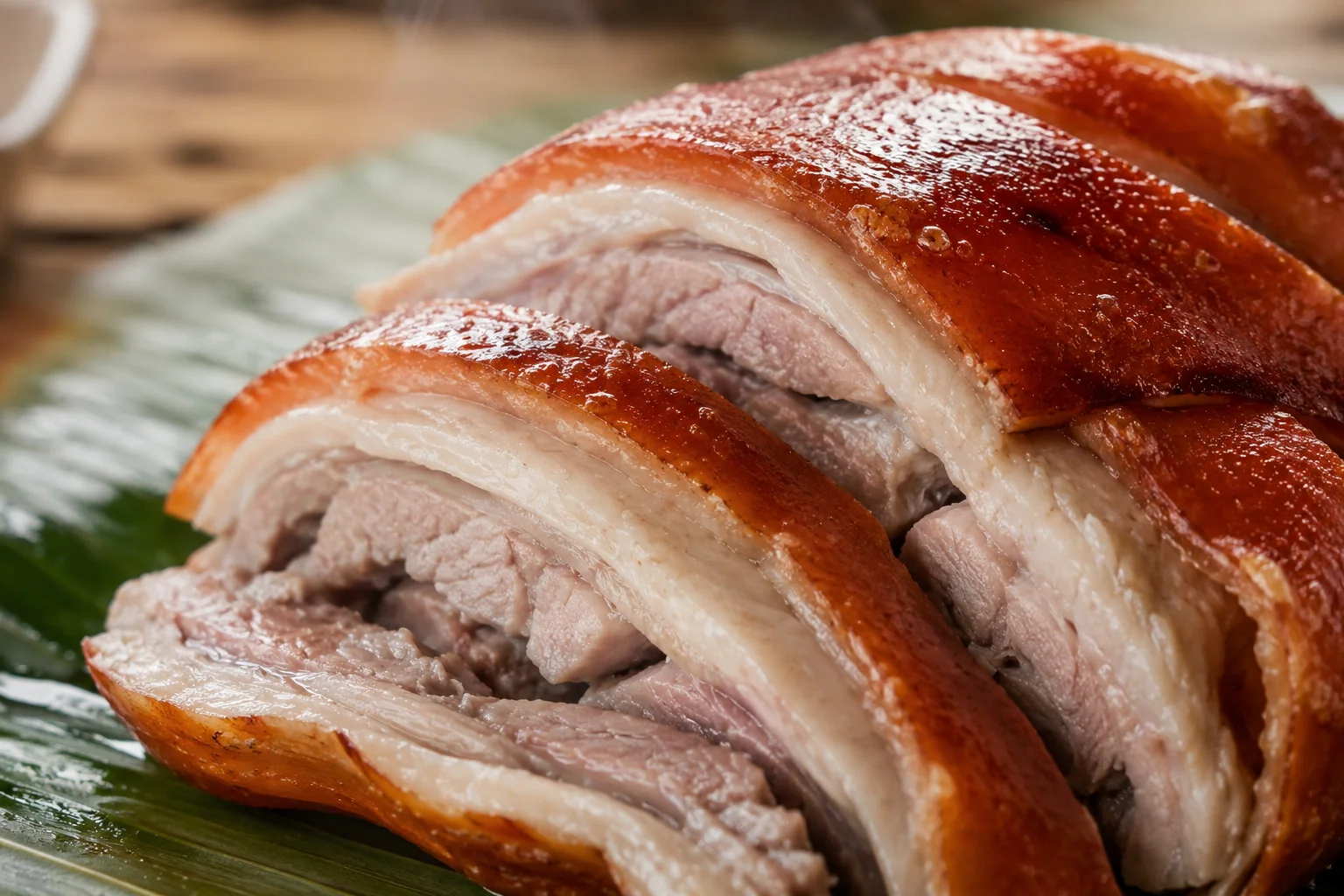 Sliced lechon meat and crispy skin served on banana leaf, Cebu style