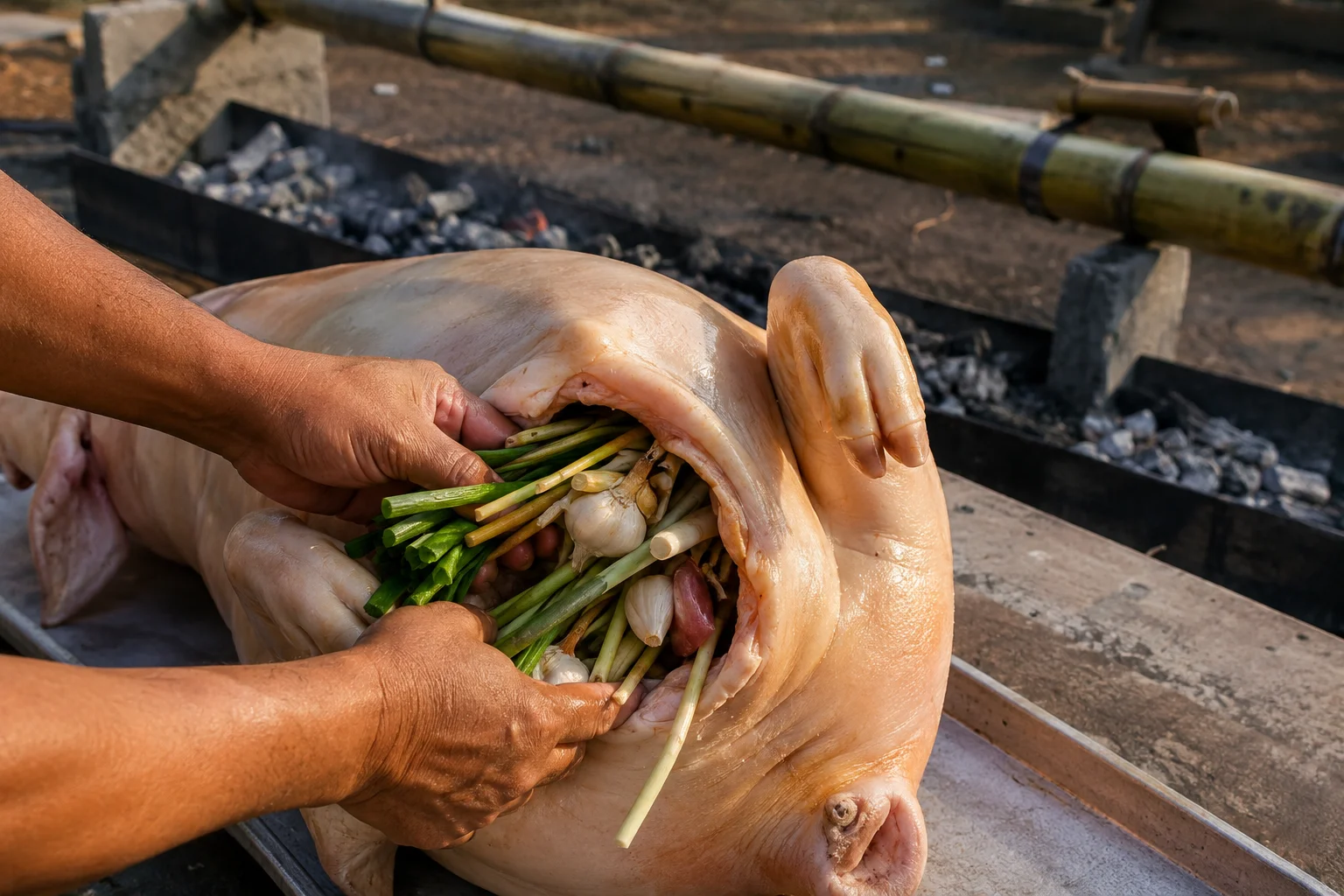 Lechon being stuffed with lemongrass and native herbs before roasting