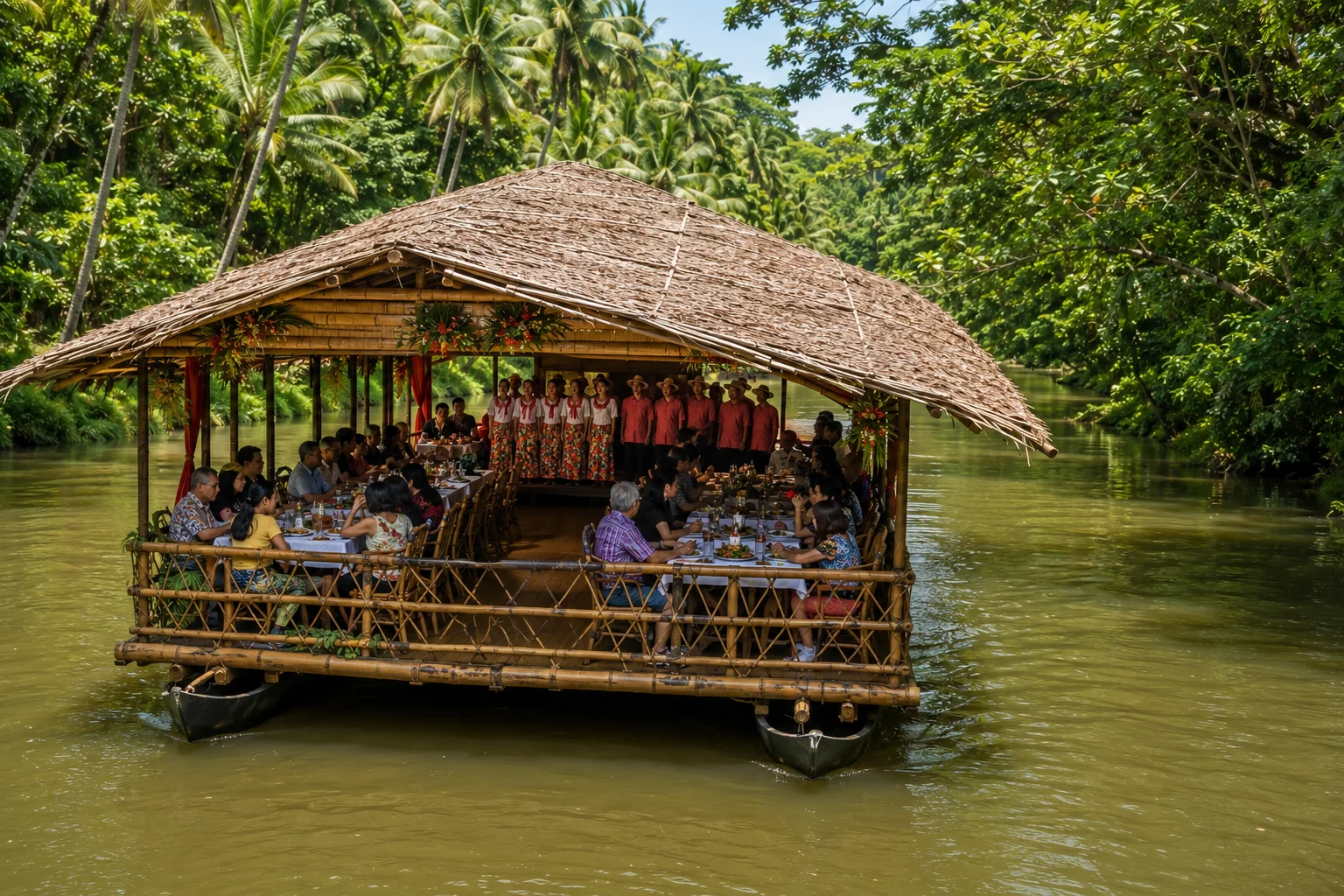 Floating restaurant raft cruising the Loboc River in Bohol