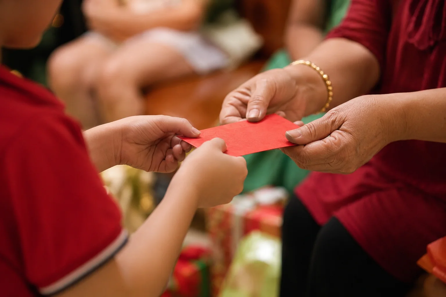 Christmas in the Philippines: Parols, Simbang Gabi & Noche Buena Explained 13 A child receiving a red aguinaldo envelope from an older relative during a Filipino Christmas gathering