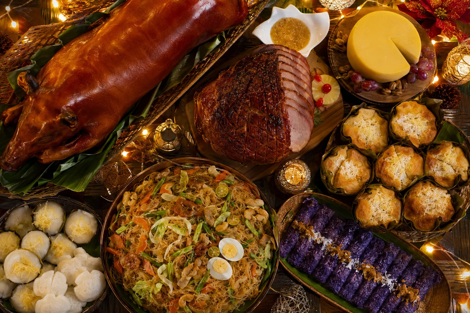 Christmas in the Philippines: Parols, Simbang Gabi & Noche Buena Explained 11 A Filipino Noche Buena spread with lechon, hamon, queso de bola, pancit, bibingka, and puto bumbong