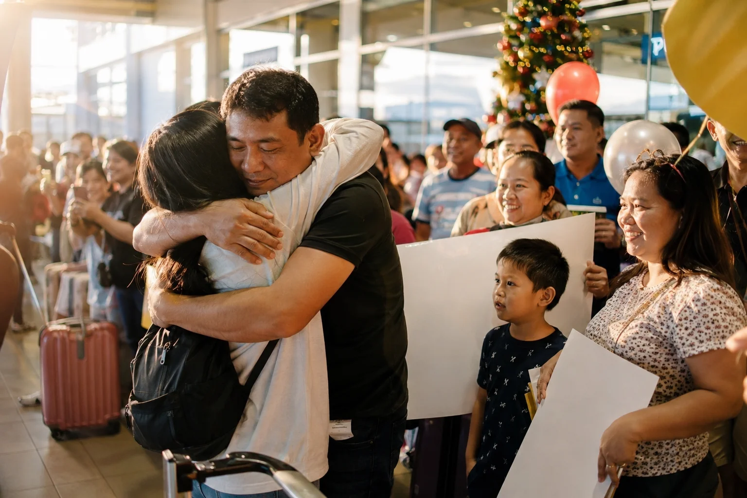 Christmas in the Philippines: Parols, Simbang Gabi & Noche Buena Explained 14 Families welcoming home an OFW at a Philippine airport during the Christmas travel season