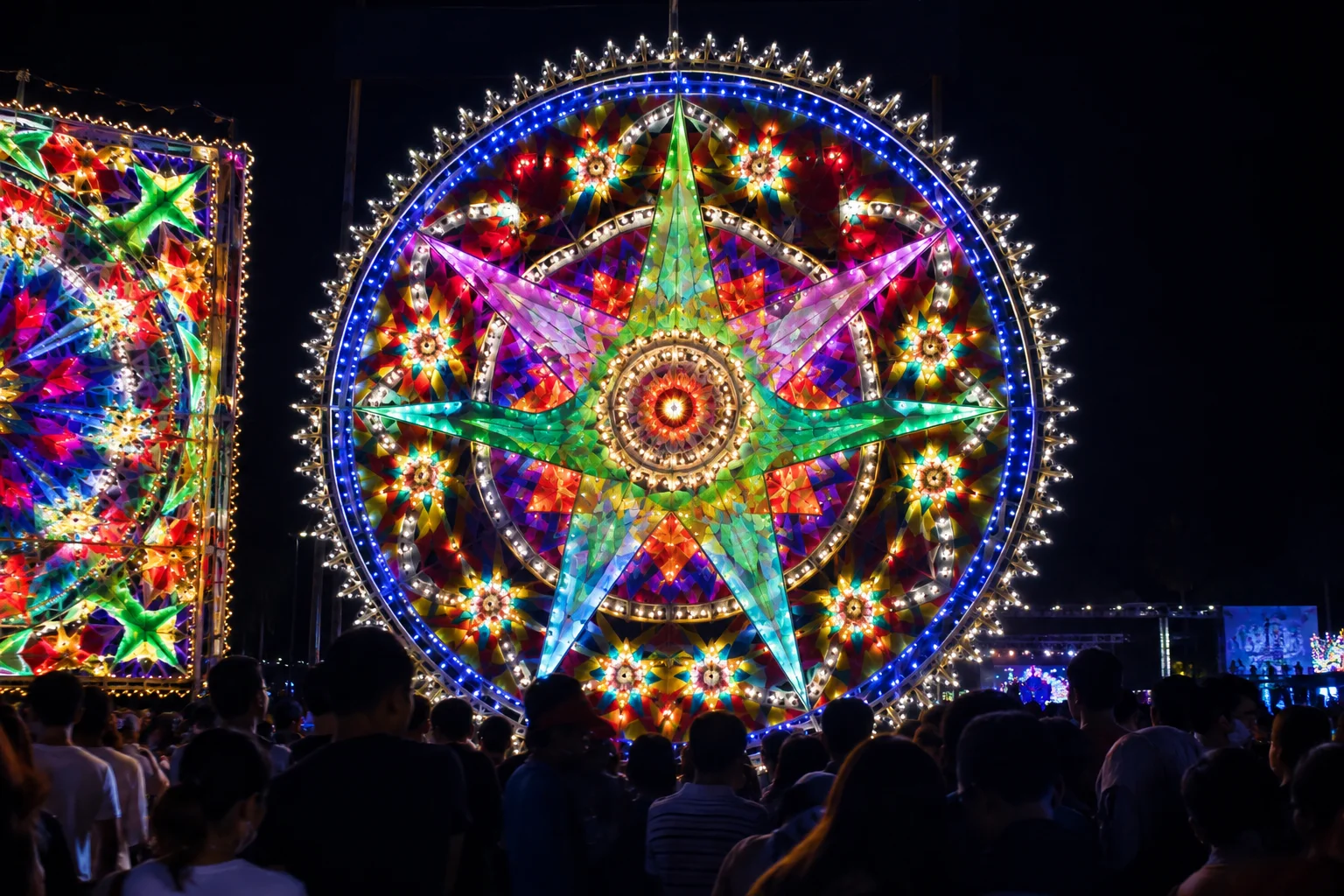 Christmas in the Philippines: Parols, Simbang Gabi & Noche Buena Explained 10 A giant illuminated star-shaped parol lantern at the Giant Lantern Festival in San Fernando, Pampanga