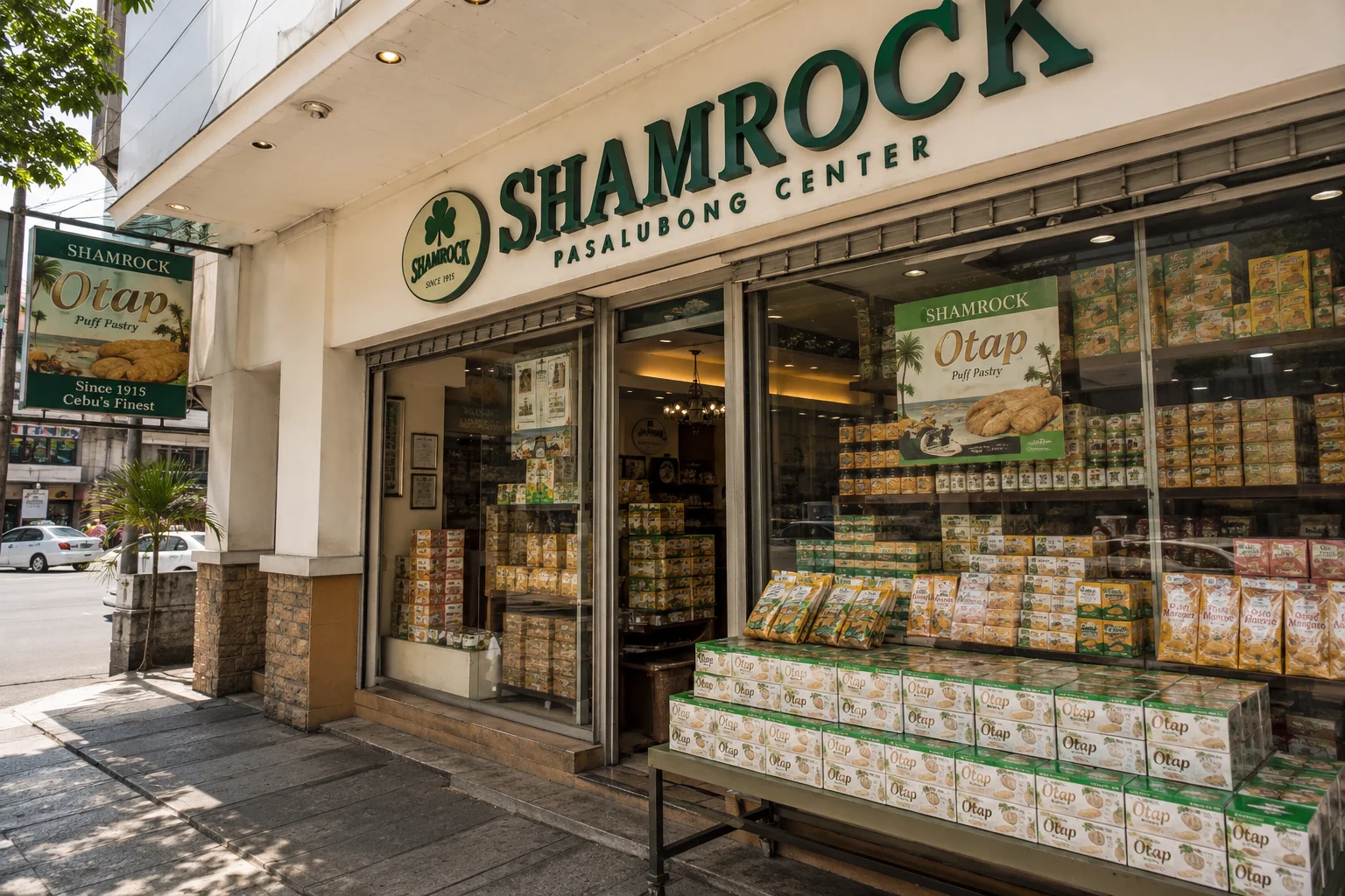 Shamrock Pasalubong Center storefront with otap on display in Cebu