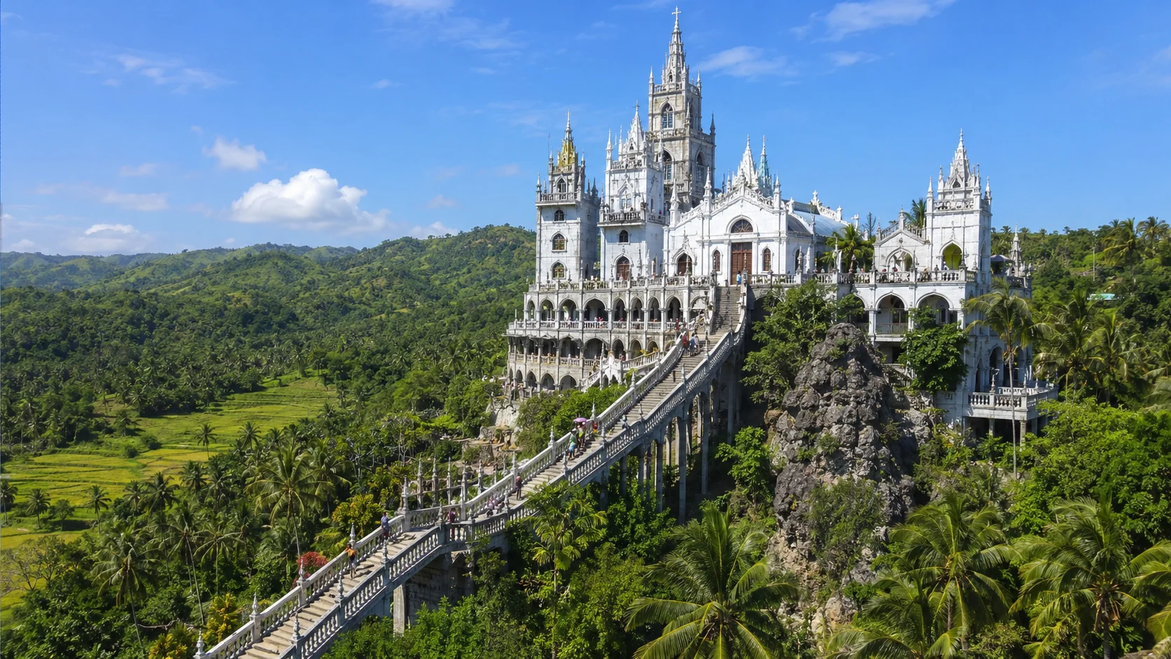 Simala Shrine Cebu — castle-like white facade of the Monastery of the Holy Eucharist on a hilltop in Sibonga
