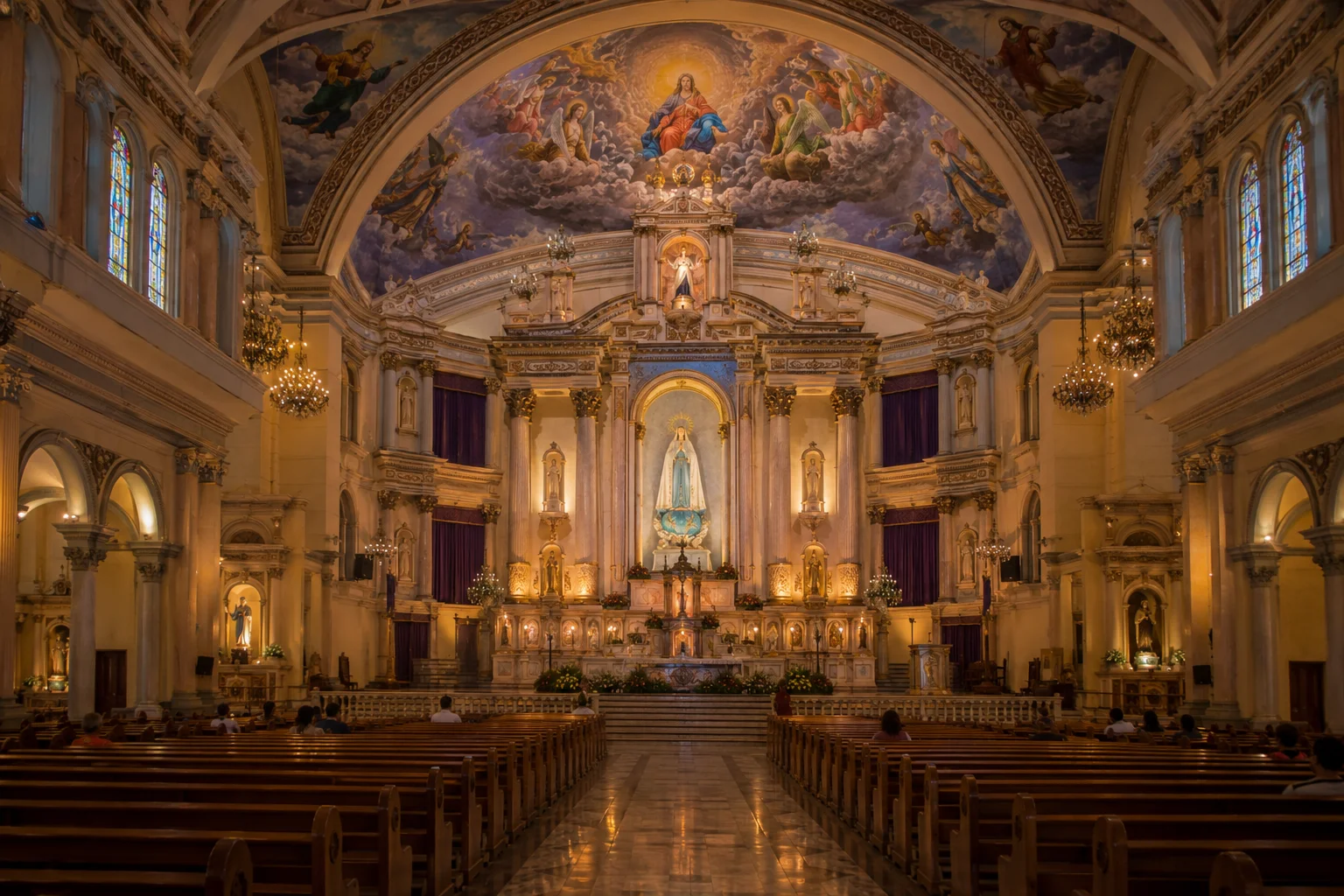 Interior altar and hand-painted ceiling inside Simala Shrine, Cebu