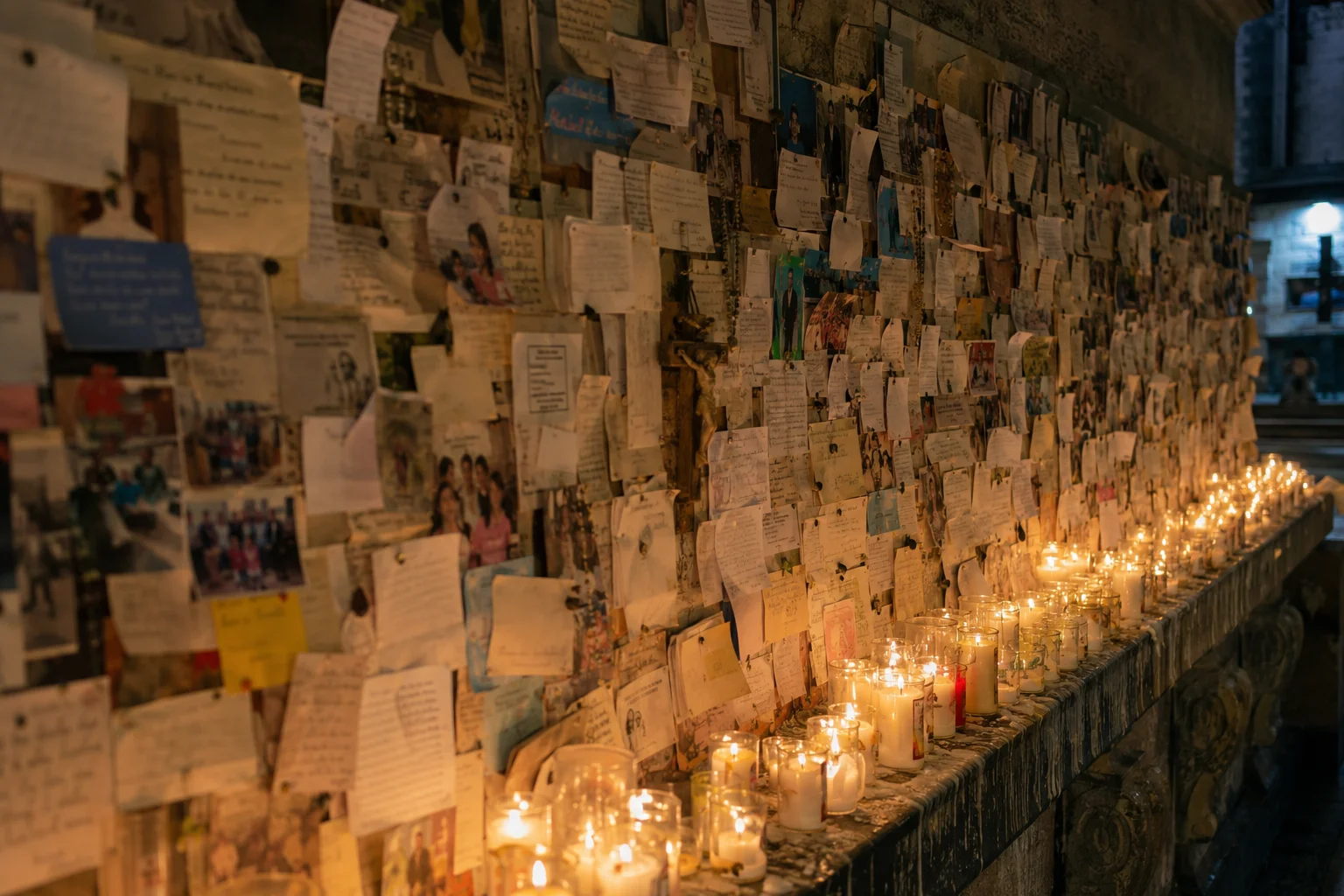 Wall of handwritten prayer letters and lit candles inside Simala Shrine, Cebu