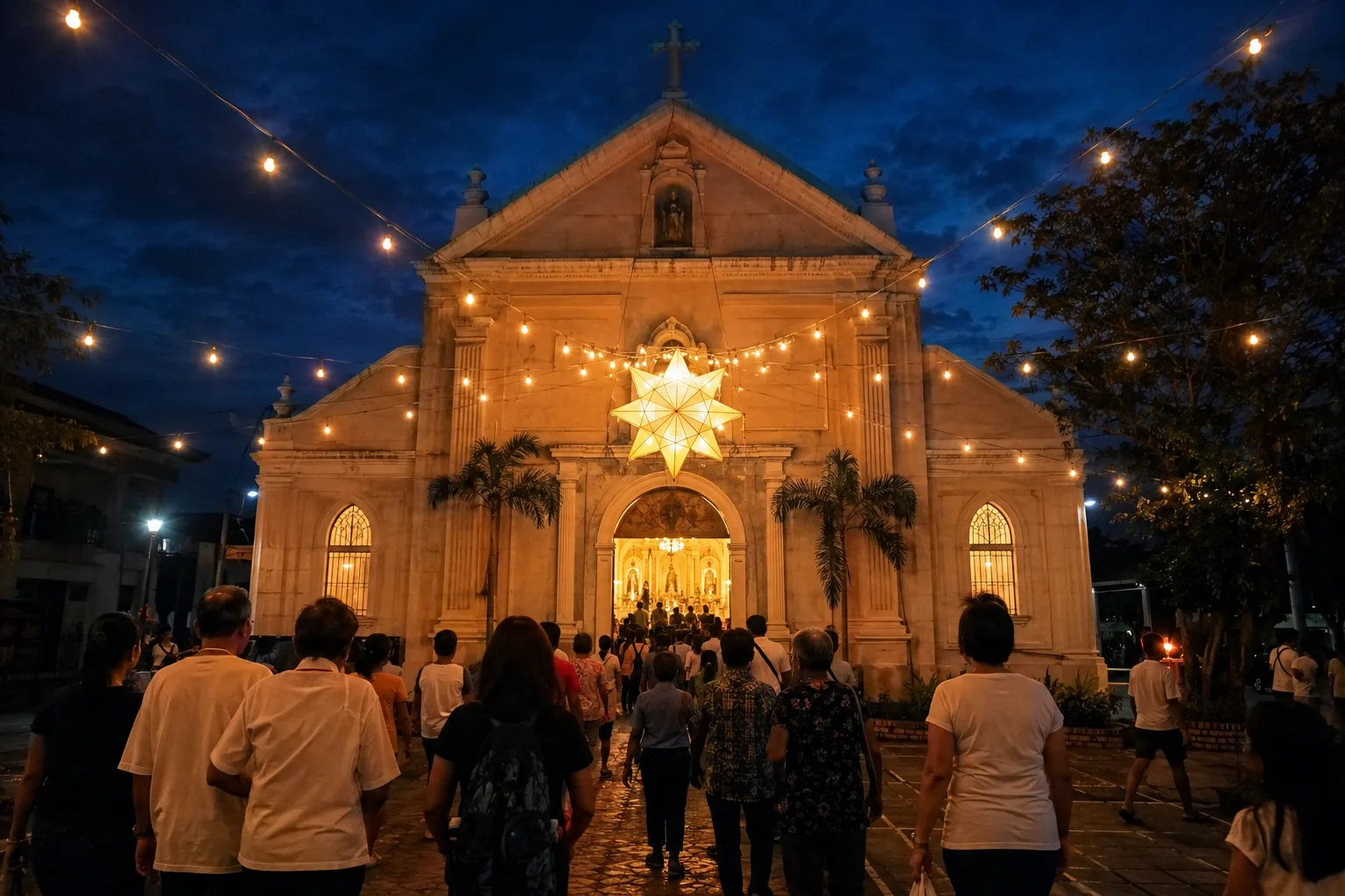 Christmas in the Philippines: Parols, Simbang Gabi & Noche Buena Explained 9 Filipino churchgoers walking to a pre-dawn Simbang Gabi Mass with a lit parol lantern above the church entrance